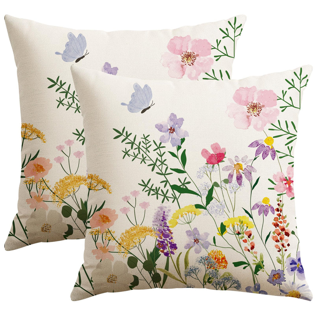 Artscope Spring Summer Floral Throw Pillow Covers 18x18 Inch Set of 2, Farmhouse Flower Butterfly Print Decorative Pillow Cases for Sofa Bed Room Home Decor- Flower A