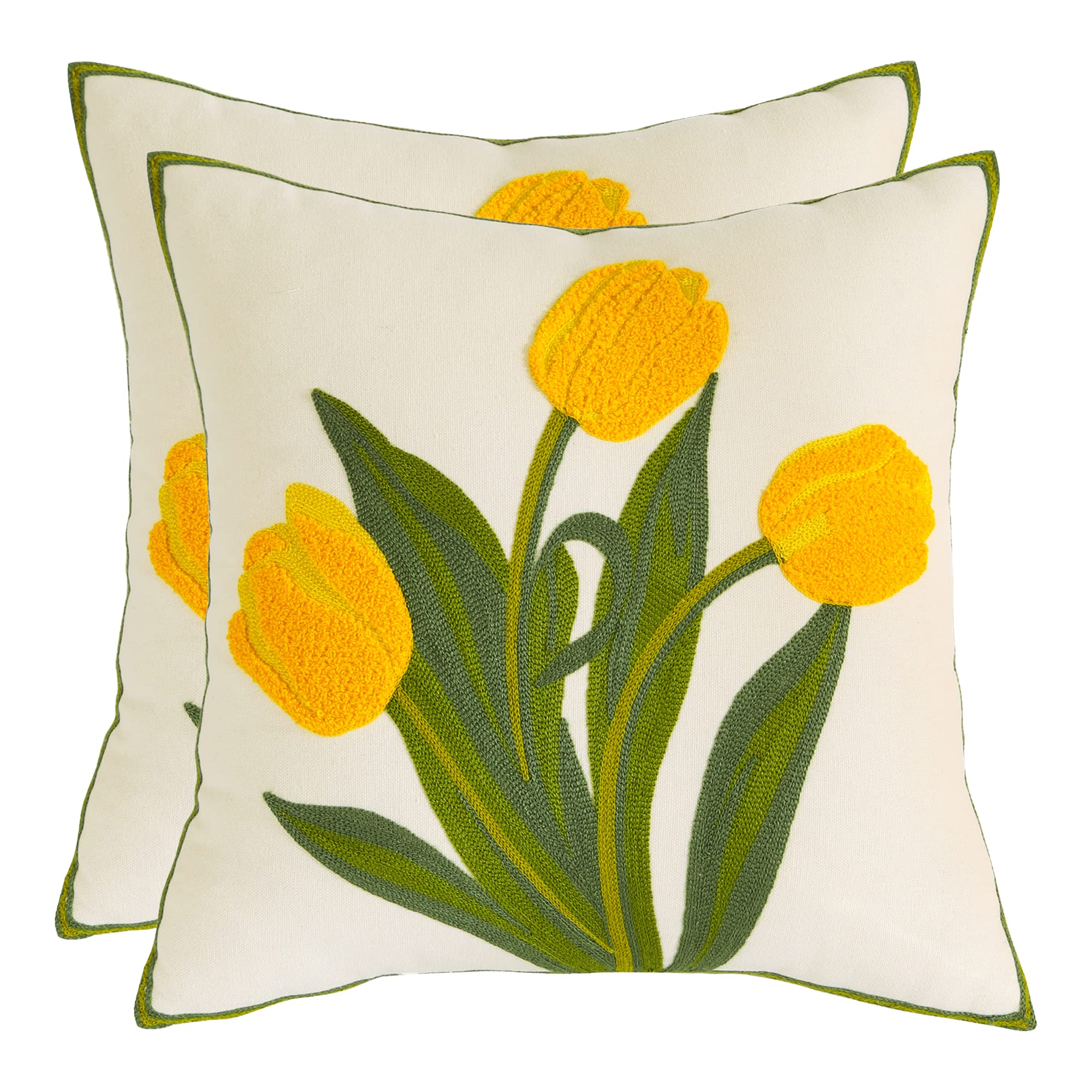 Pack of 2 18x18 Inch Embroidered Pink Tulip Green Leaves Tufted Throw Pillow Covers Square Floral Farmhouse Decor Cushion Cases
