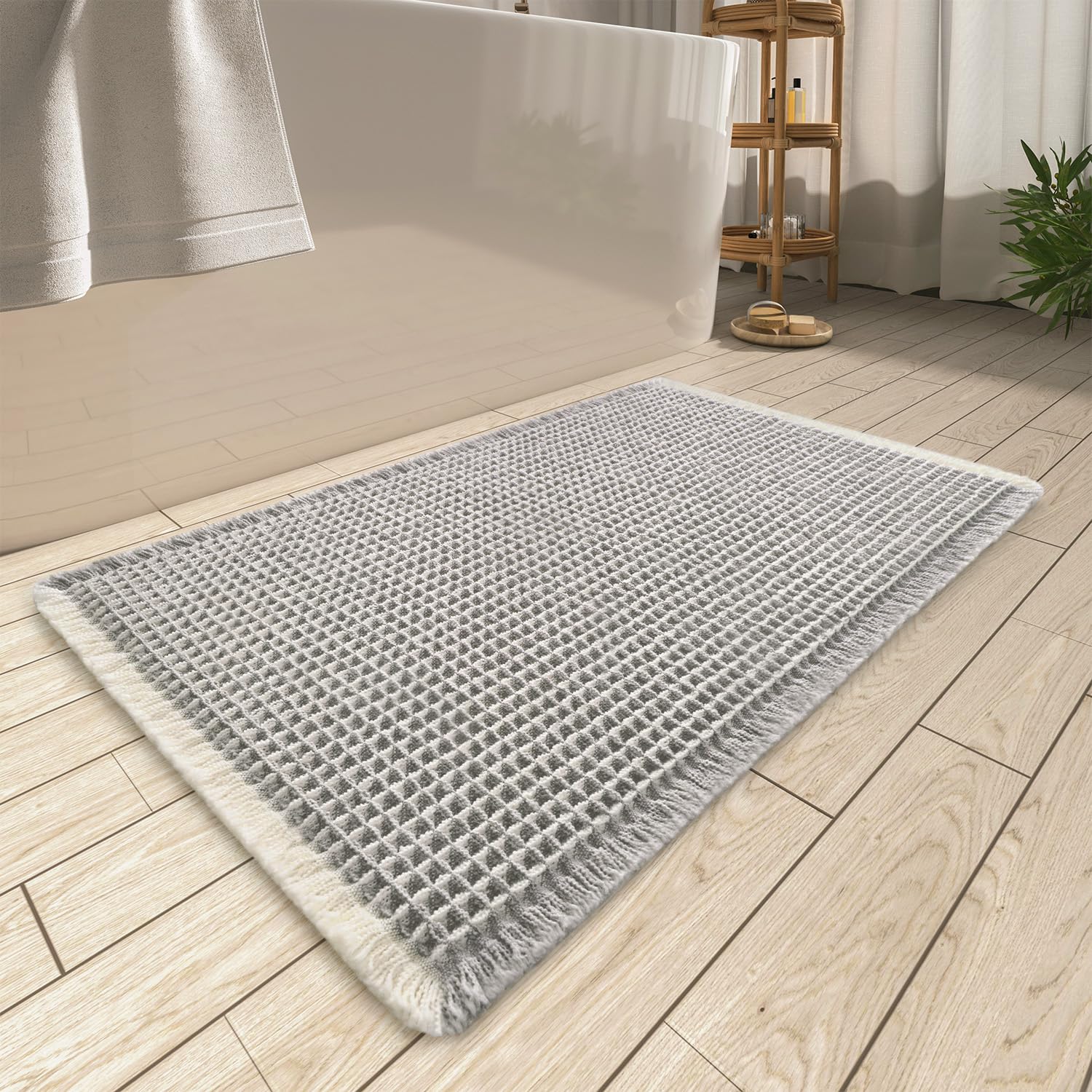 AMOAMI Upgraded Waffle Bath Mat, Super Absorbent Non Slip Bath Mats for Bathroom Floor, Machine Washable Bathroom Rugs with Tassels, Rubber Backed Bathroom Mats, Ultra Soft, 17" x 24", Brown