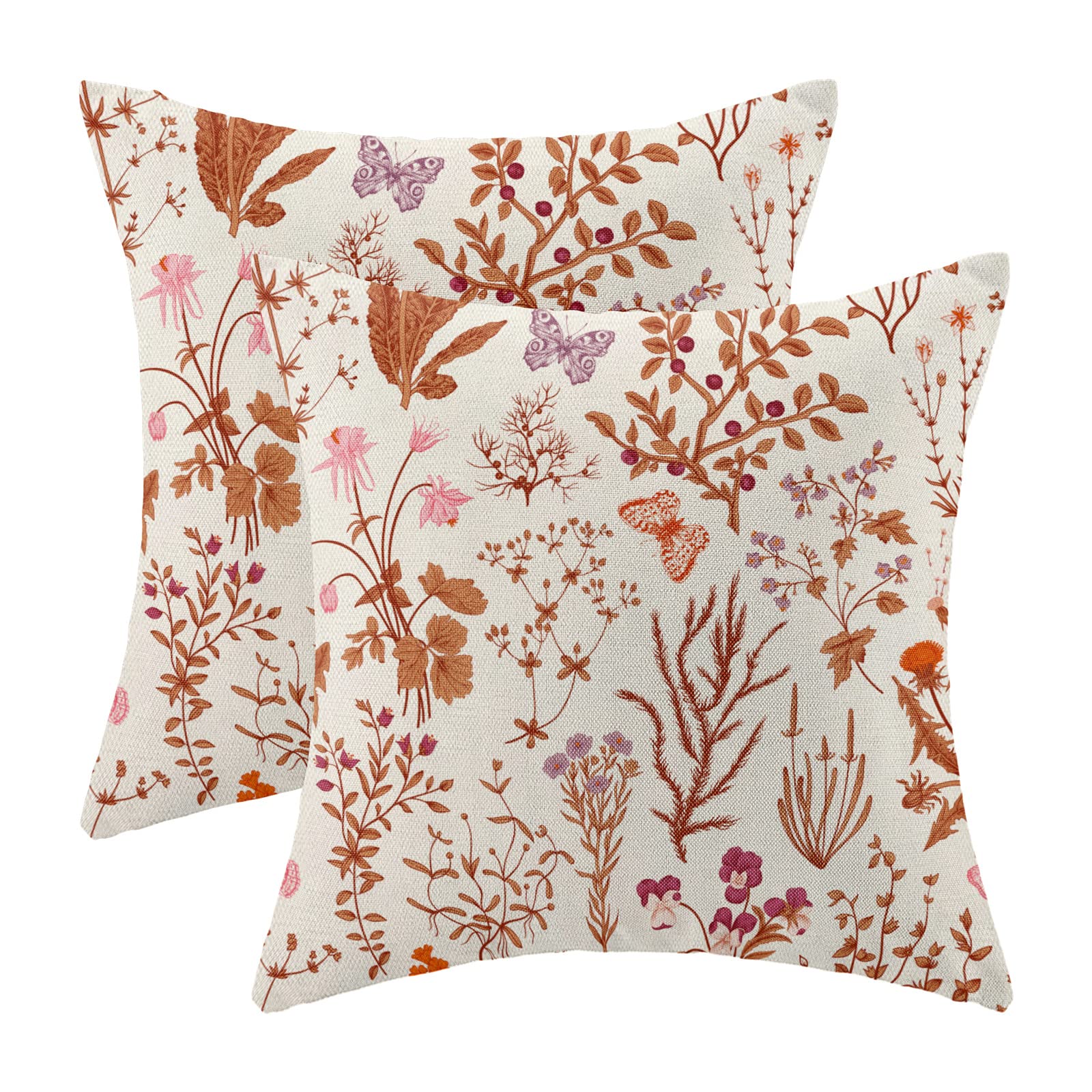 AEIOAE Spring Pillow Covers 18x18 Inch Set of 2,Sage Green Wild Flower Plant Throw Pillows Case,Seasonal Floral Outdoor Decorative Square Linen Farmhouse Decor Cushion Covers for Home Sofa Bed Couch
