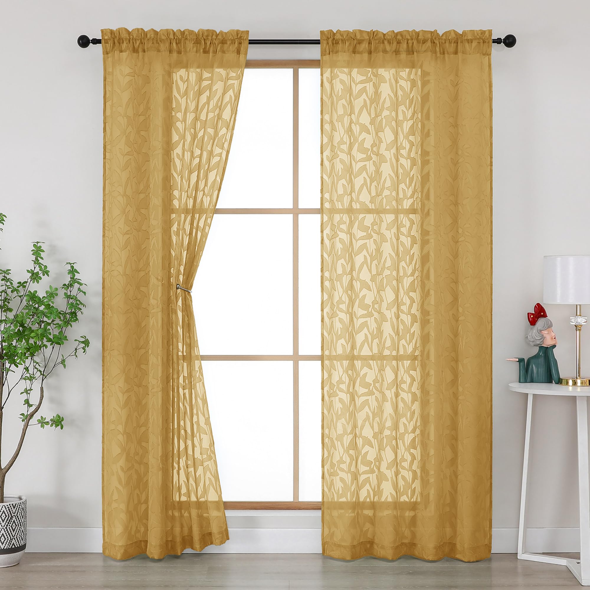 Gwine Sage Green Curtains 84 Inches Long 2 Panels Set, Light Filtering Soft Lightweight Sheer Curtains, Leaf Clip Jacquard Textured Curtain for Bedroom Living Room, 42Wx84L Inches, 2PCS