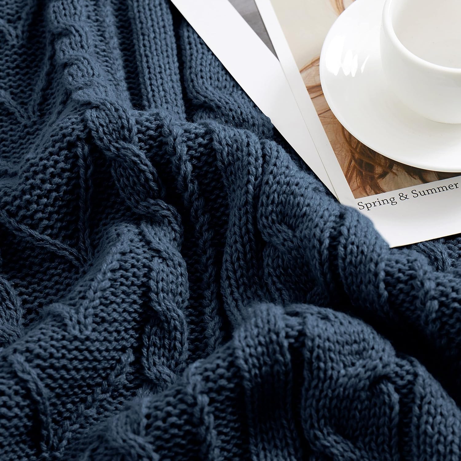 Aormenzy Navy Blue Cable Knit Throw Blanket Queen Size for Bed Couch Sofa, Super Soft Cozy Knitted Blanket 90" x 90" Bed Blankets Full Size