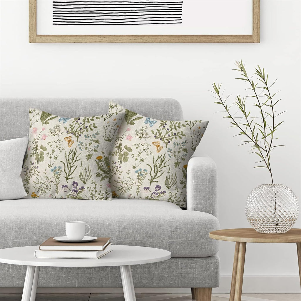 AEIOAE Spring Pillow Covers 18x18 Inch Set of 2,Sage Green Wild Flower Plant Throw Pillows Case,Seasonal Floral Outdoor Decorative Square Linen Farmhouse Decor Cushion Covers for Home Sofa Bed Couch