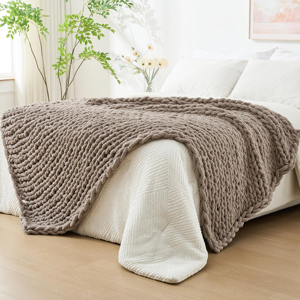 Bigacogo Chunky Knit Throw Blanket for Couch, 40x40 inches, 100% Hand Knitted with Thick Jumbo Chenille Yarn, Cozy Soft Large Rope Knot Cable Crochet Blankets for Sofa Bed Living Room, Dusty Blue