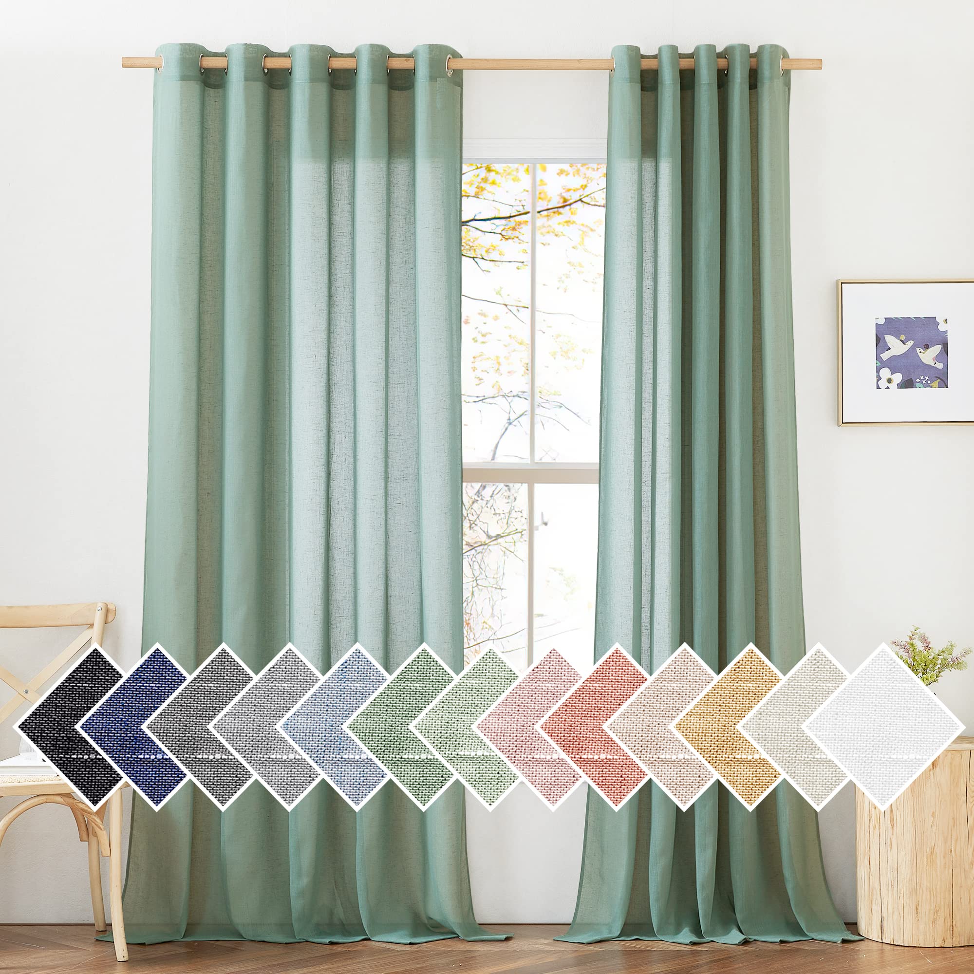 NICETOWN Linen Textured Semi Sheer Curtains 84 inches Length, Eyelet Top Bedroom Window Privacy Translucent Light Filtering Flax Sheer Drapes for Guest Room, 52 inches Wide, 2 Panels, Sea Mist