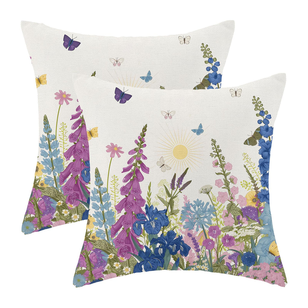 AEIOAE Spring Pillow Covers 18x18 Inch Set of 2,Sage Green Wild Flower Plant Throw Pillows Case,Seasonal Floral Outdoor Decorative Square Linen Farmhouse Decor Cushion Covers for Home Sofa Bed Couch
