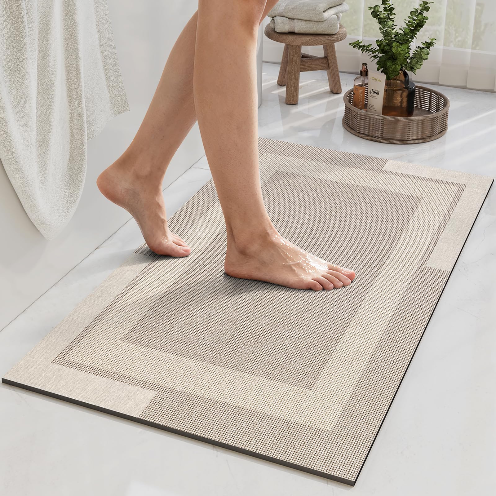 YDKGL Non Slip Bath Mat, Rubber Backing Ultra Thin Bathroom Rugs Fit Under Door Quick Dry Super Absorbent Washable Bath Rug Shower Mat for Bathroom Floor Bathtub Shower Sink, Easy Care Gray 16"x 24"