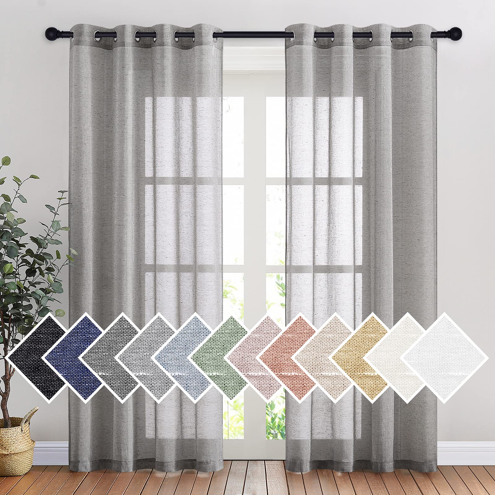 NICETOWN Linen Textured Semi Sheer Curtains 84 inches Length, Eyelet Top Bedroom Window Privacy Translucent Light Filtering Flax Sheer Drapes for Guest Room, 52 inches Wide, 2 Panels, Sea Mist