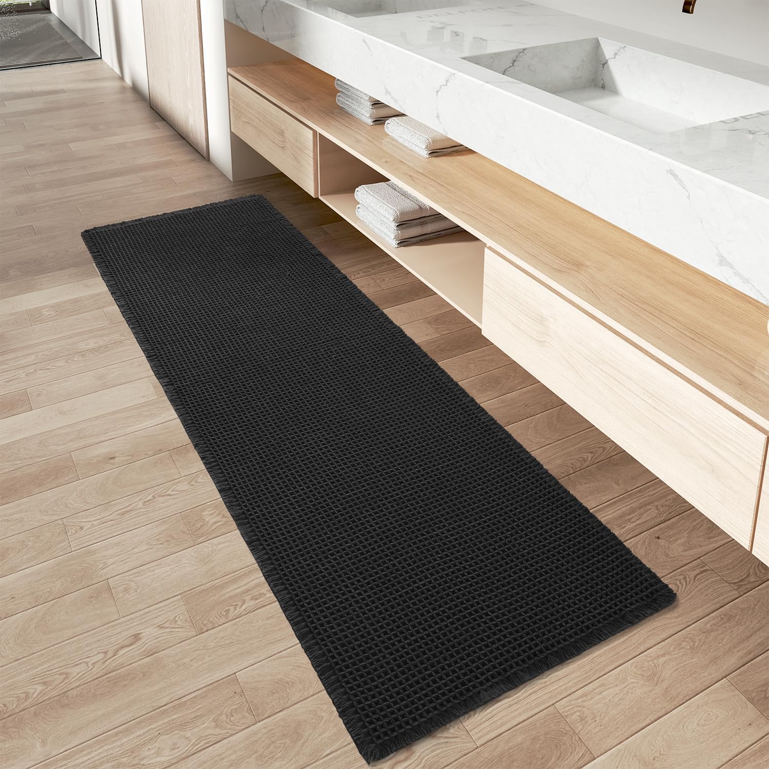 AMOAMI Upgraded Waffle Bath Mat, Super Absorbent Non Slip Bath Mats for Bathroom Floor, Machine Washable Bathroom Rugs with Tassels, Rubber Backed Bathroom Mats, Ultra Soft, 17" x 24", Brown