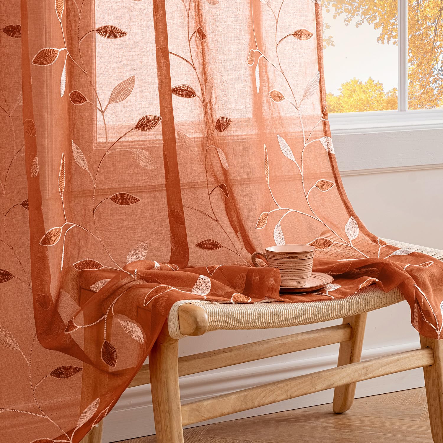 MIULEE Sage Green Sheer Curtains 2 Panels Embroidered Leaf Patterned Rod Pocket Floral Semi Sheer Faux Linen Window Curtains Drapes Set for Living Room Bedroom Dining Room, 52x84 Inches Long
