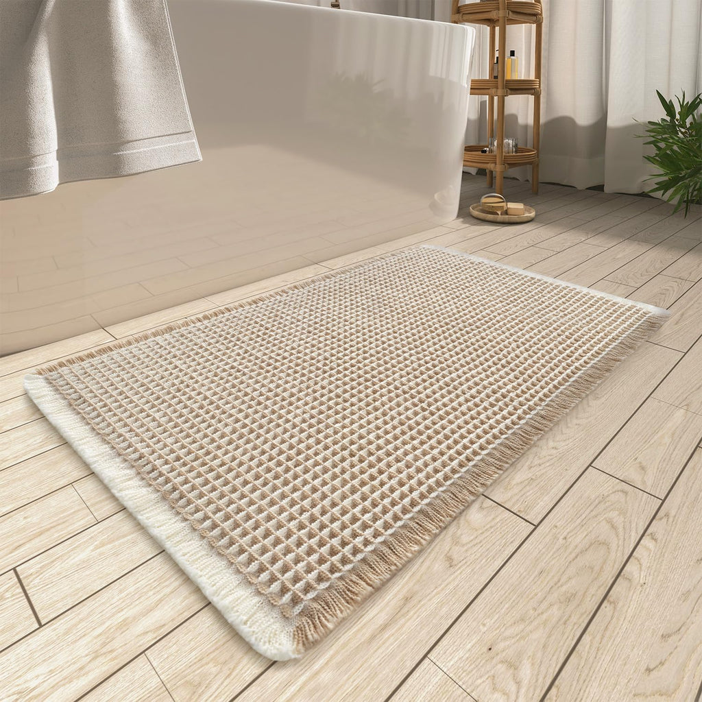 AMOAMI Upgraded Waffle Bath Mat, Super Absorbent Non Slip Bath Mats for Bathroom Floor, Machine Washable Bathroom Rugs with Tassels, Rubber Backed Bathroom Mats, Ultra Soft, 17" x 24", Brown