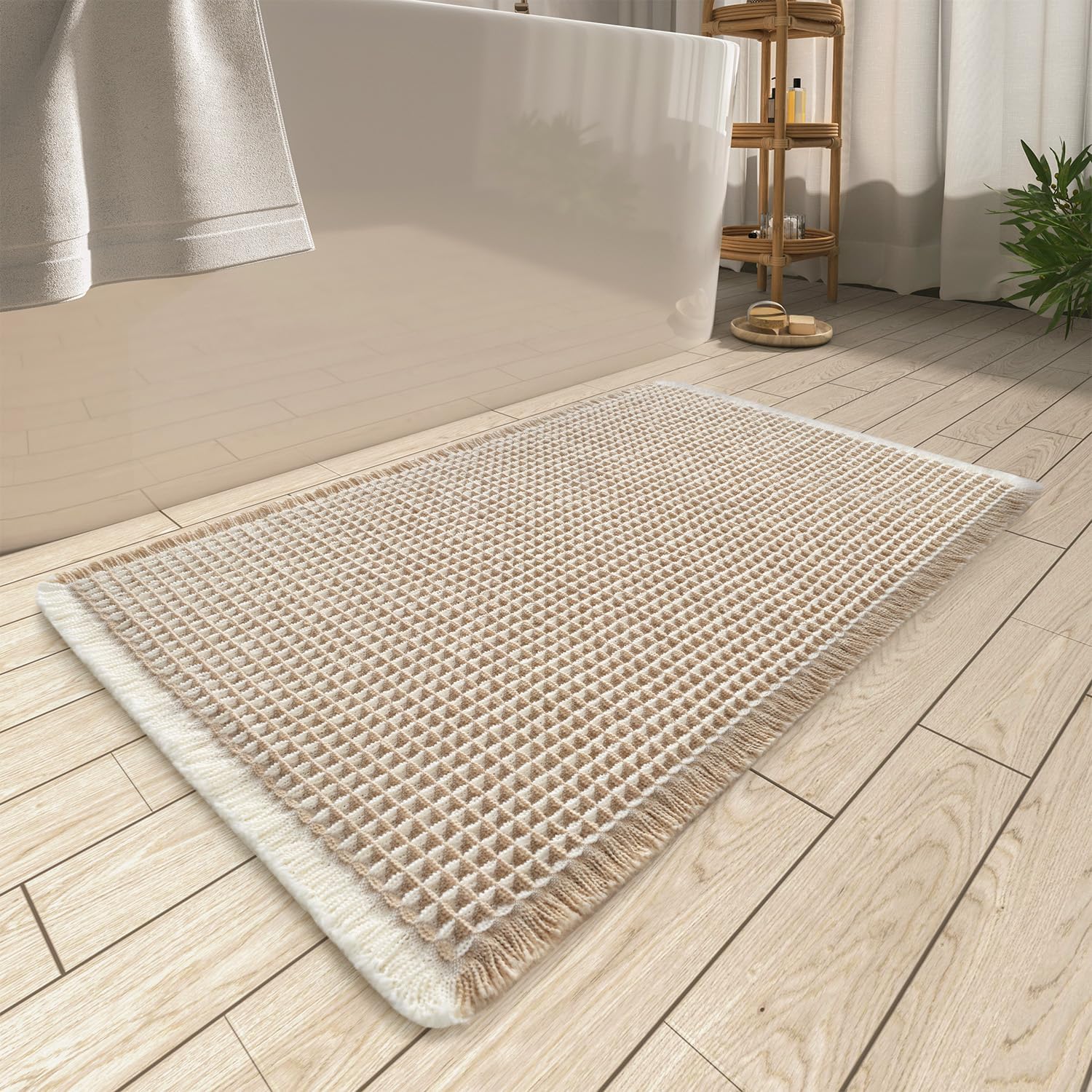 AMOAMI Upgraded Waffle Bath Mat, Super Absorbent Non Slip Bath Mats for Bathroom Floor, Machine Washable Bathroom Rugs with Tassels, Rubber Backed Bathroom Mats, Ultra Soft, 17" x 24", Brown