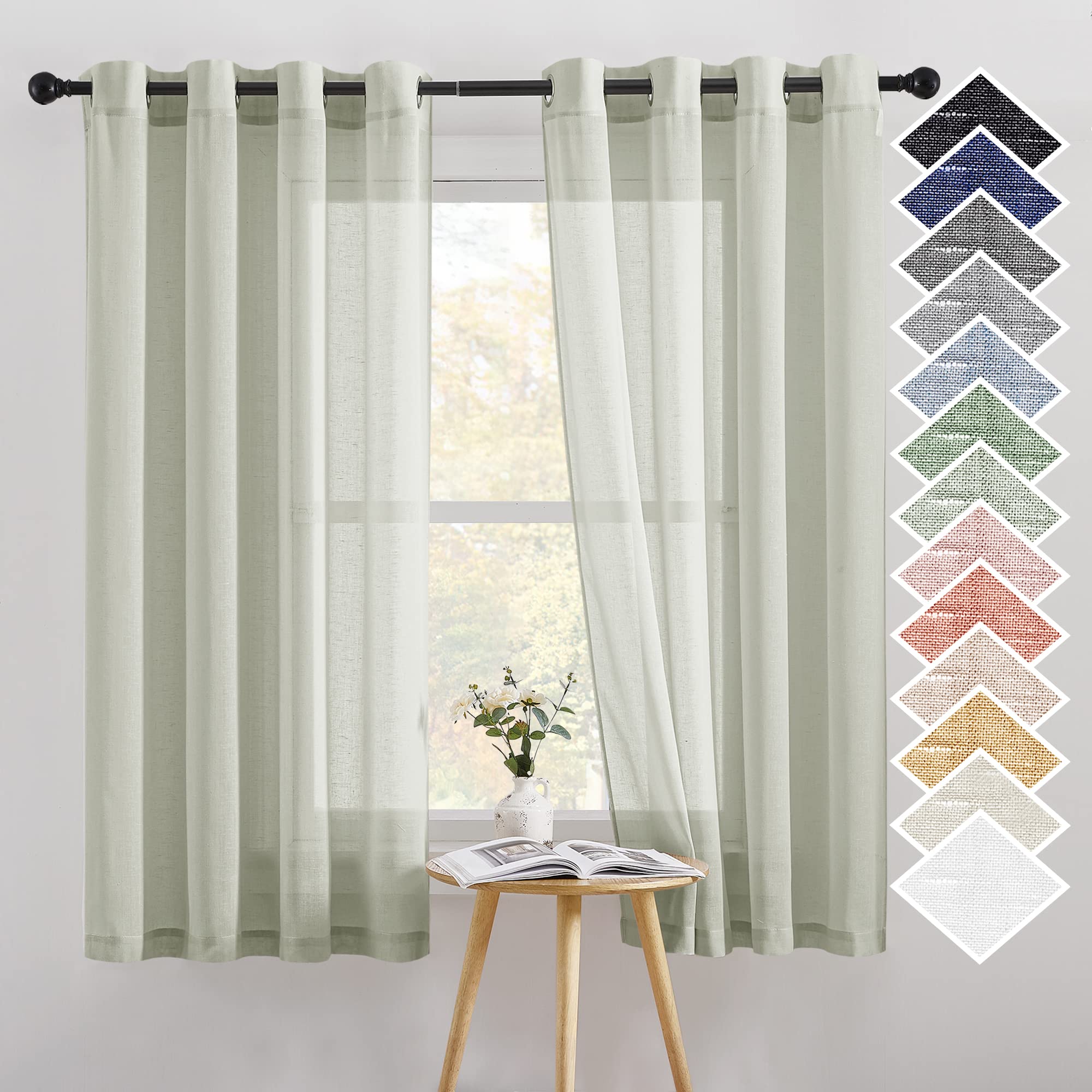 NICETOWN Linen Textured Semi Sheer Curtains 84 inches Length, Eyelet Top Bedroom Window Privacy Translucent Light Filtering Flax Sheer Drapes for Guest Room, 52 inches Wide, 2 Panels, Sea Mist