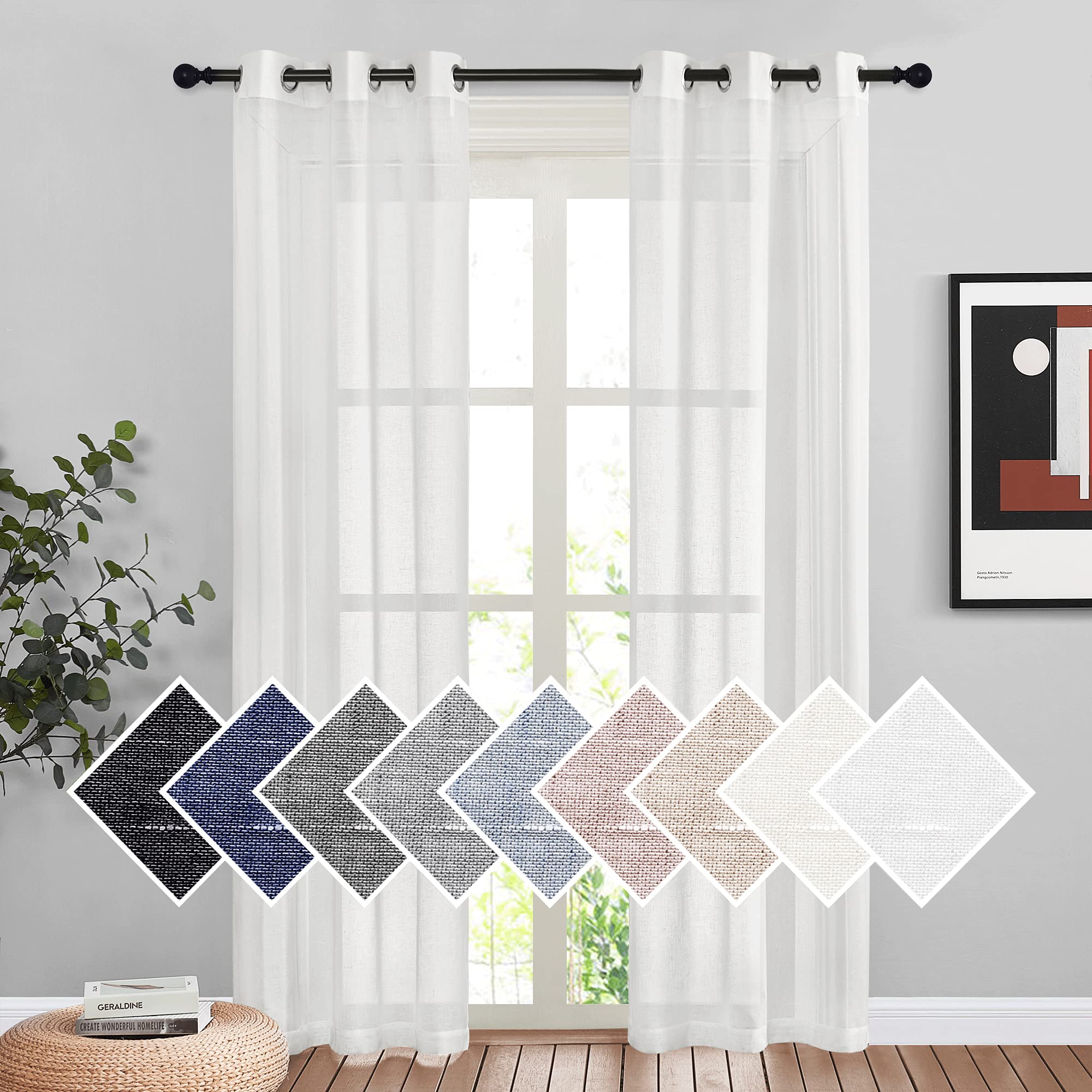 NICETOWN Linen Textured Semi Sheer Curtains 84 inches Length, Eyelet Top Bedroom Window Privacy Translucent Light Filtering Flax Sheer Drapes for Guest Room, 52 inches Wide, 2 Panels, Sea Mist