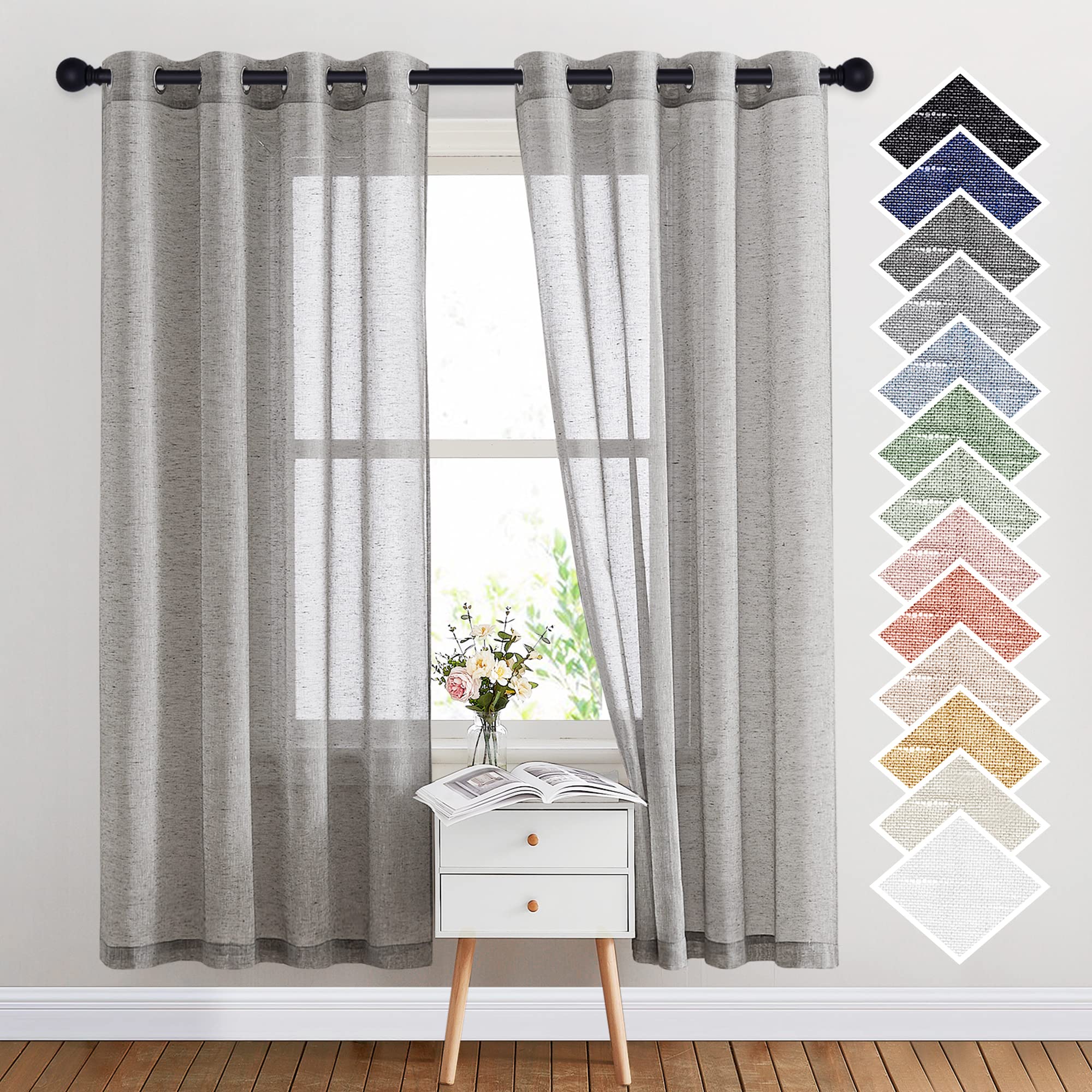 NICETOWN Linen Textured Semi Sheer Curtains 84 inches Length, Eyelet Top Bedroom Window Privacy Translucent Light Filtering Flax Sheer Drapes for Guest Room, 52 inches Wide, 2 Panels, Sea Mist