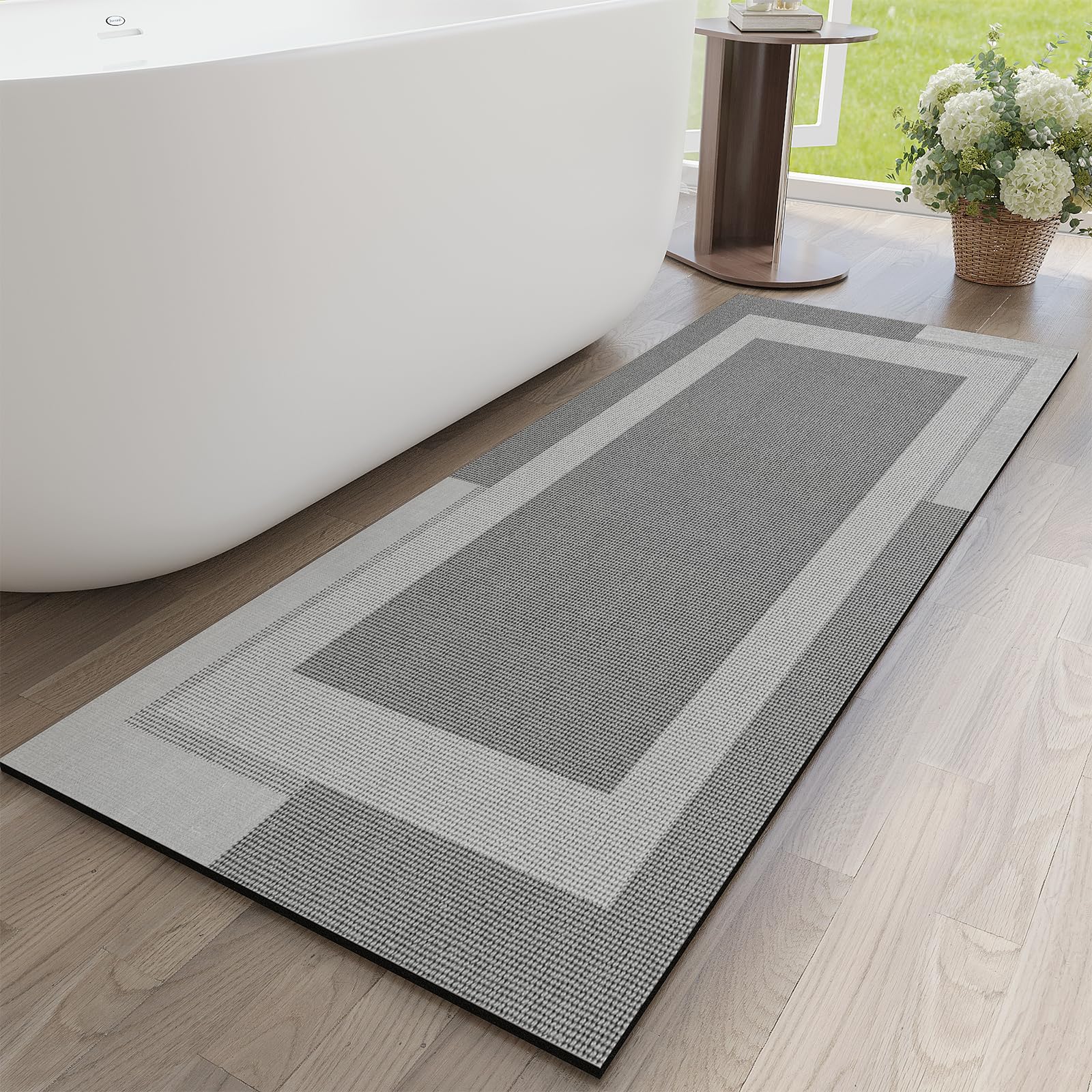 YDKGL Non Slip Bath Mat, Rubber Backing Ultra Thin Bathroom Rugs Fit Under Door Quick Dry Super Absorbent Washable Bath Rug Shower Mat for Bathroom Floor Bathtub Shower Sink, Easy Care Gray 16"x 24"