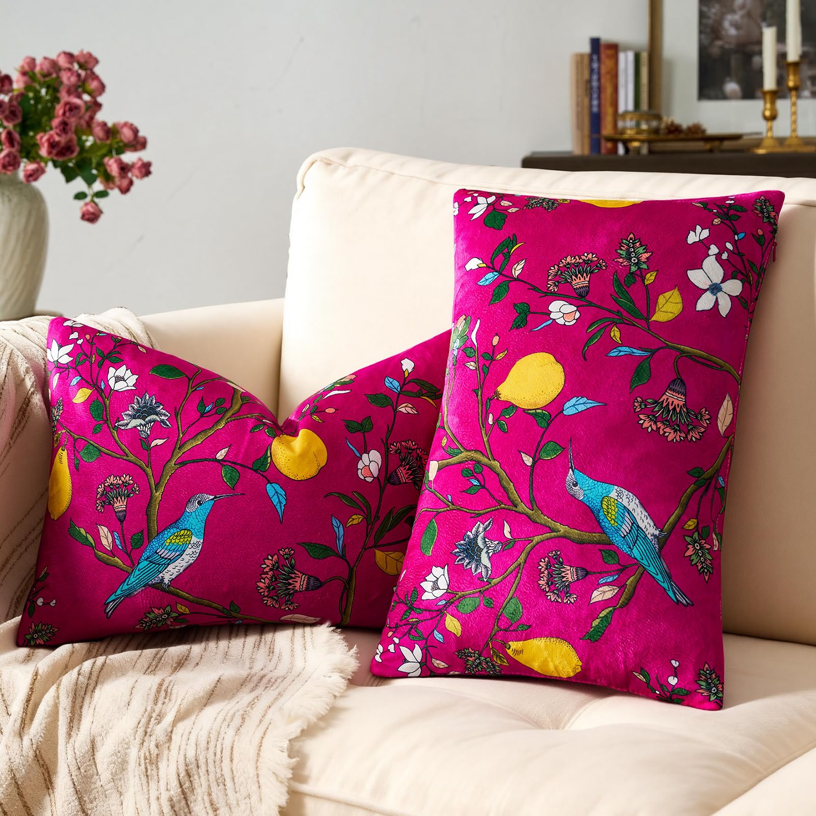 Mustard Yellow Floral Pillow Covers 18x18 Set of 2, Velvet Wild Flower Plant Throw Pillows Case, Square Farmhouse Decor Cushion Covers for Home Sofa Bed Couch