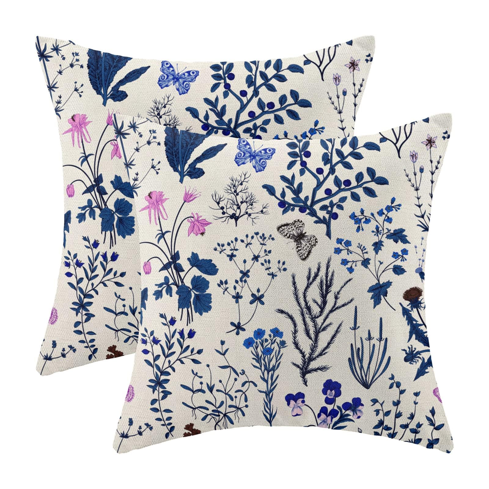 AEIOAE Spring Pillow Covers 18x18 Inch Set of 2,Sage Green Wild Flower Plant Throw Pillows Case,Seasonal Floral Outdoor Decorative Square Linen Farmhouse Decor Cushion Covers for Home Sofa Bed Couch