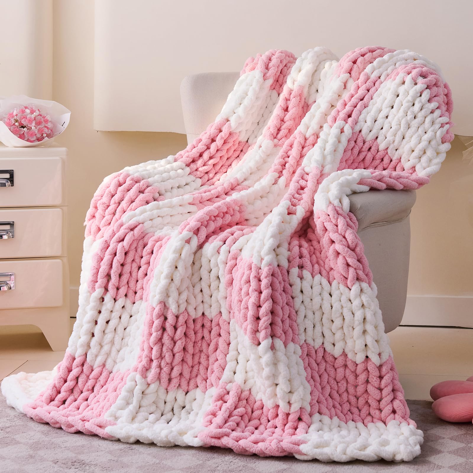 Admitrack Chunky Knit Blanket Throw 51"x63", 100% Hand Knit Chenille Throw Blanket for Sofa & Home Decor, Soft and Cozy Knitted Throw Blankets (Ivory，51"x63")