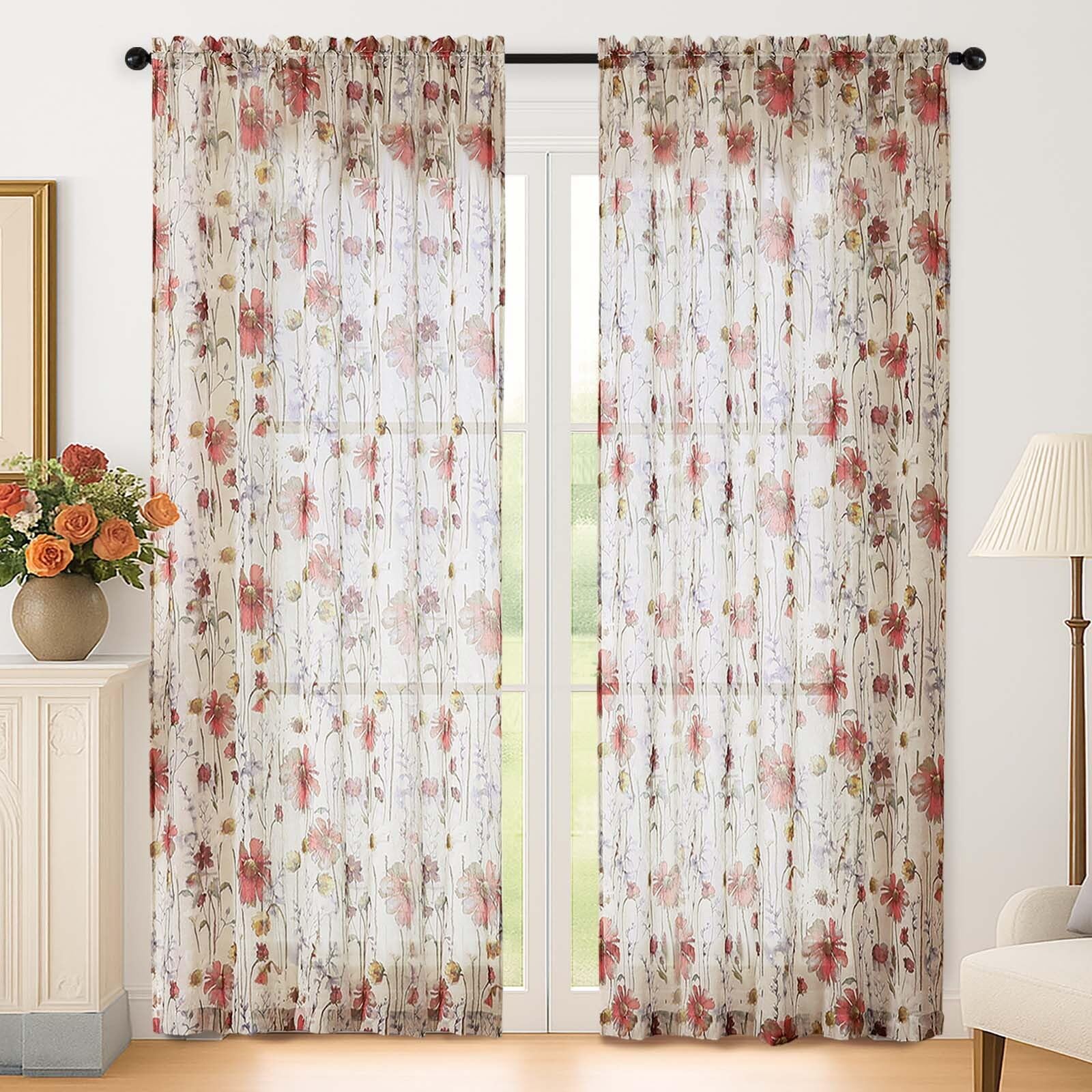 Lecloud Crushed Sheer Curtains 84 Inches Long 2 Panels, Airy Light Filtering Voile Floral Curtains for Living Room, Rod Pocket Romantic Window Curtain Drapes for Bedroom Dining Room, 42" W x 84" L
