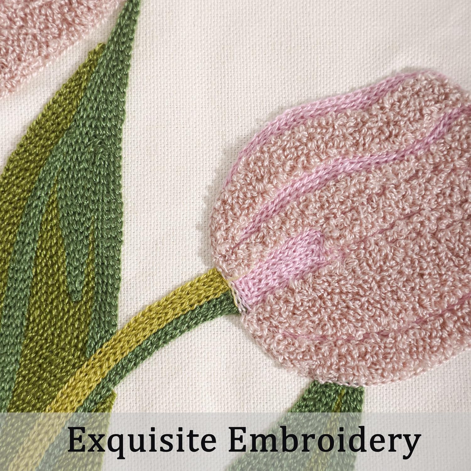 Pack of 2 18x18 Inch Embroidered Pink Tulip Green Leaves Tufted Throw Pillow Covers Square Floral Farmhouse Decor Cushion Cases