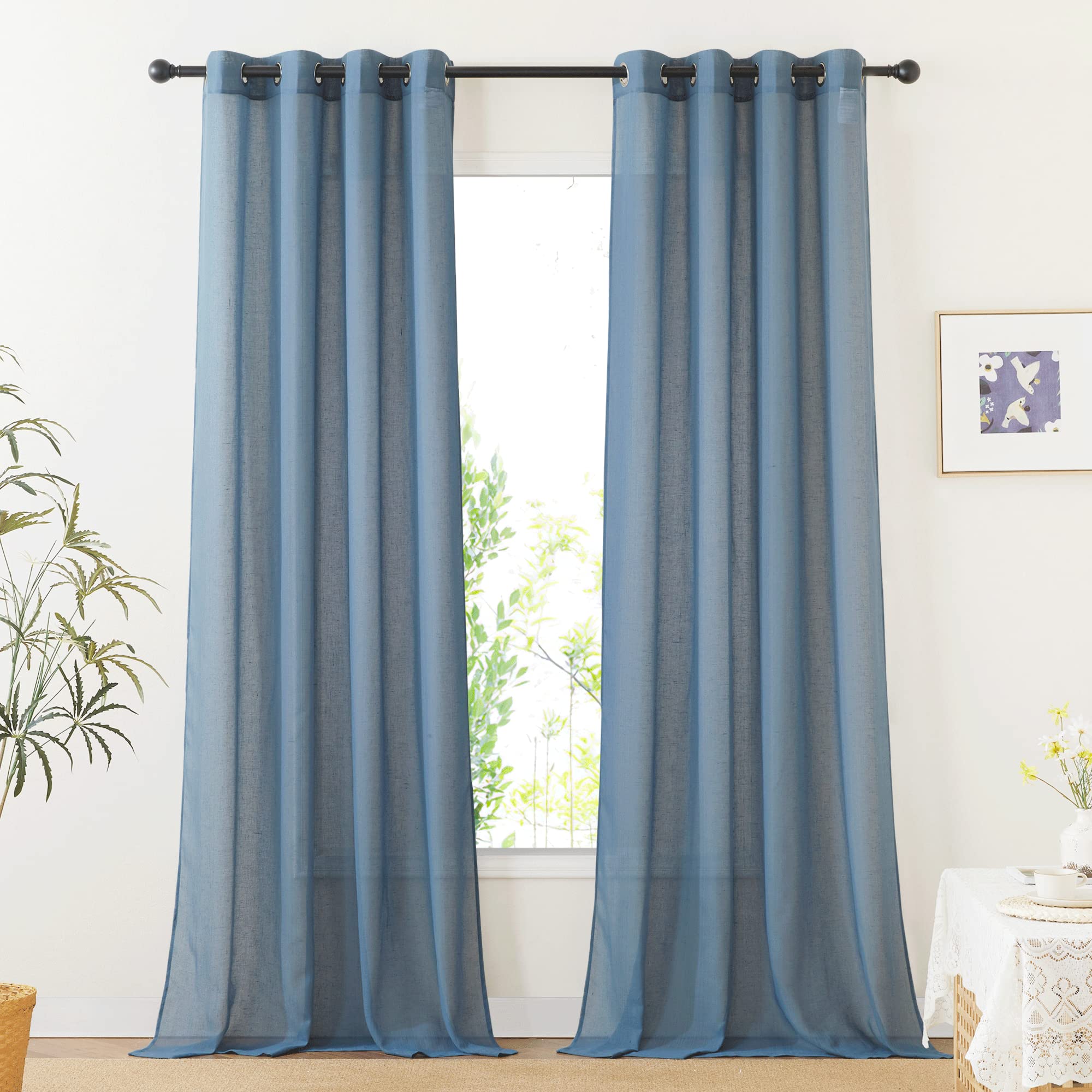 NICETOWN Linen Textured Semi Sheer Curtains 84 inches Length, Eyelet Top Bedroom Window Privacy Translucent Light Filtering Flax Sheer Drapes for Guest Room, 52 inches Wide, 2 Panels, Sea Mist