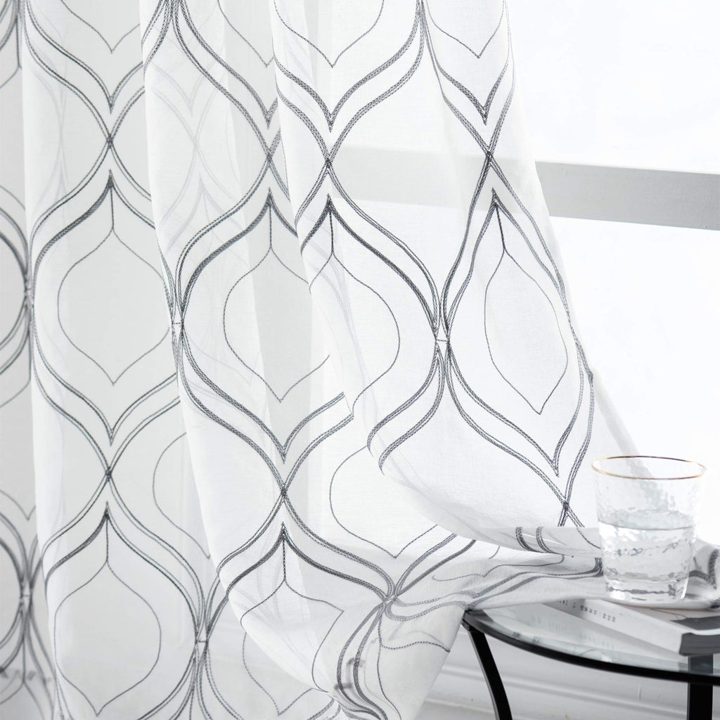 VISIONTEX White Sheer Curtains 84 Inches Long 2 Panels, Light Filtering Grey Moroccan Trellis Embroidered Semi Sheer Voile Drapes, Rod Pocket Textured Window Curtain for Bedroom Living Room 54W x 84L