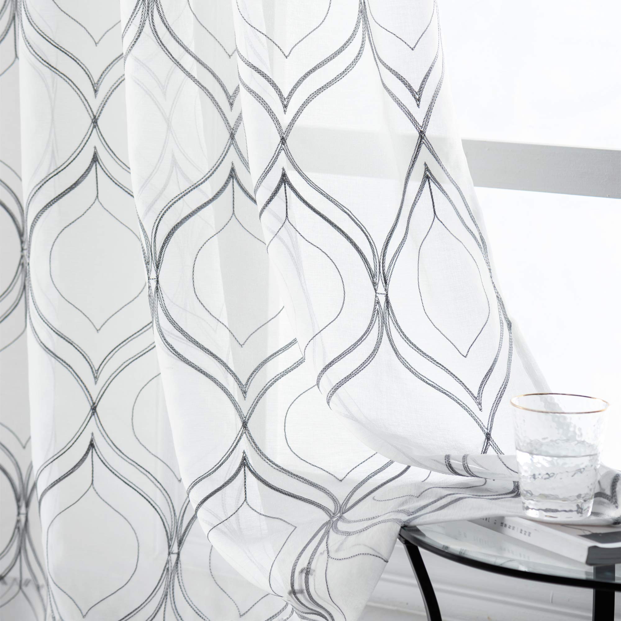 VISIONTEX White Sheer Curtains 84 Inches Long 2 Panels, Light Filtering Grey Moroccan Trellis Embroidered Semi Sheer Voile Drapes, Rod Pocket Textured Window Curtain for Bedroom Living Room 54W x 84L