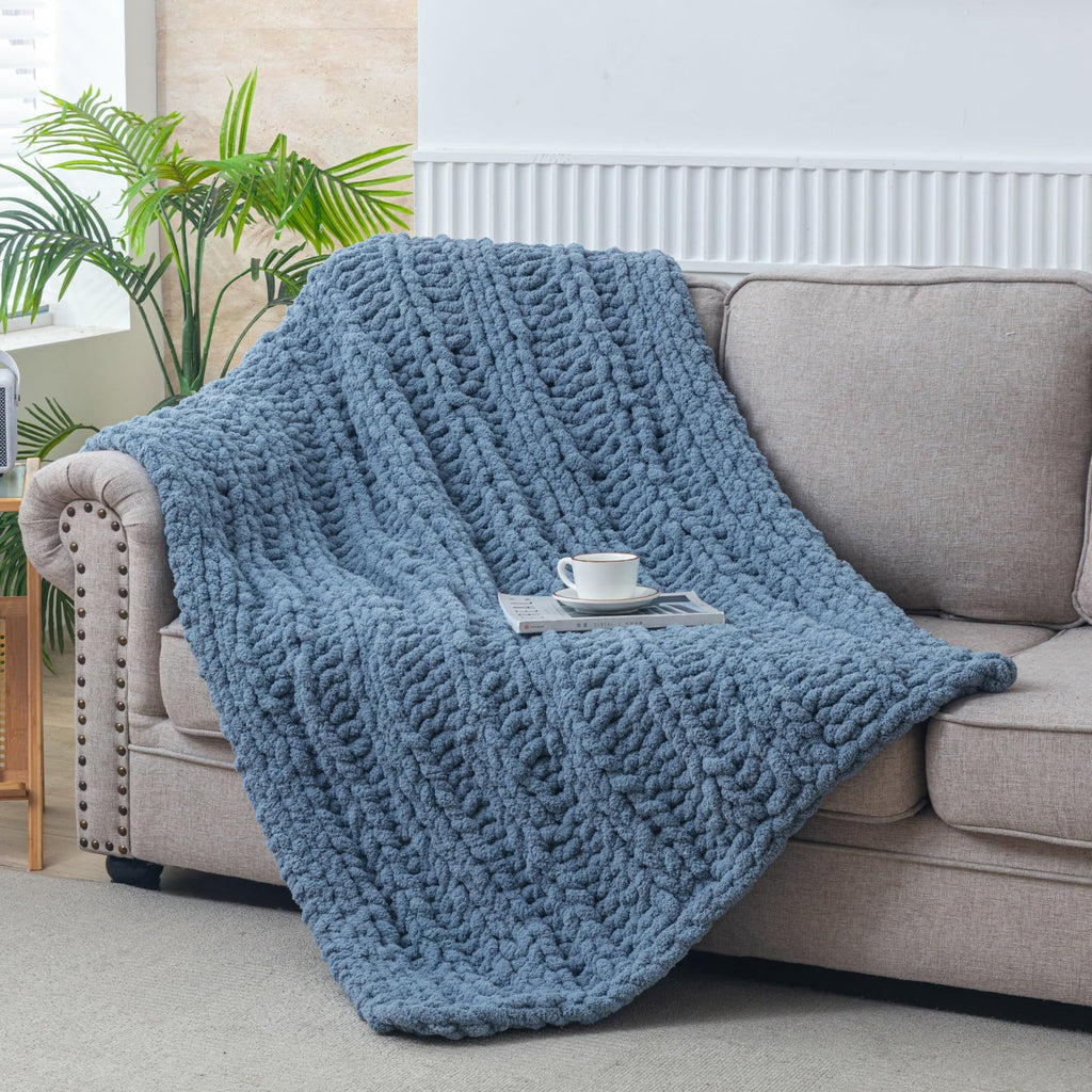WESHIONGOO Chunky Knit Blanket Throw 40"*40" Knitted Throw Blankets for Couch Bed Fluffy Soft Blanket with Jumbo Chenille Yarn Thick 100% Handmade(Black)