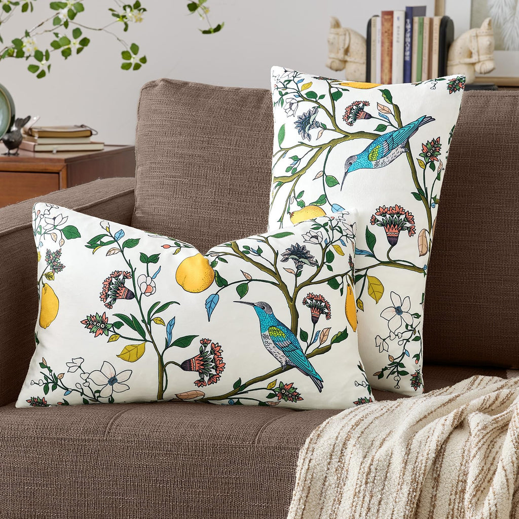 Mustard Yellow Floral Pillow Covers 18x18 Set of 2, Velvet Wild Flower Plant Throw Pillows Case, Square Farmhouse Decor Cushion Covers for Home Sofa Bed Couch