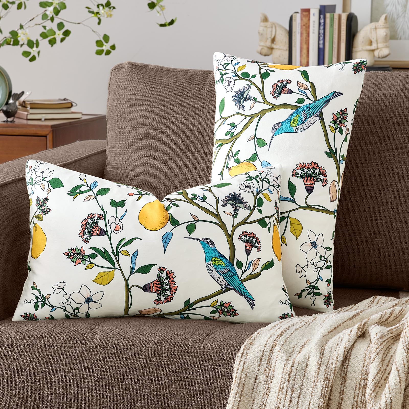 Mustard Yellow Floral Pillow Covers 18x18 Set of 2, Velvet Wild Flower Plant Throw Pillows Case, Square Farmhouse Decor Cushion Covers for Home Sofa Bed Couch