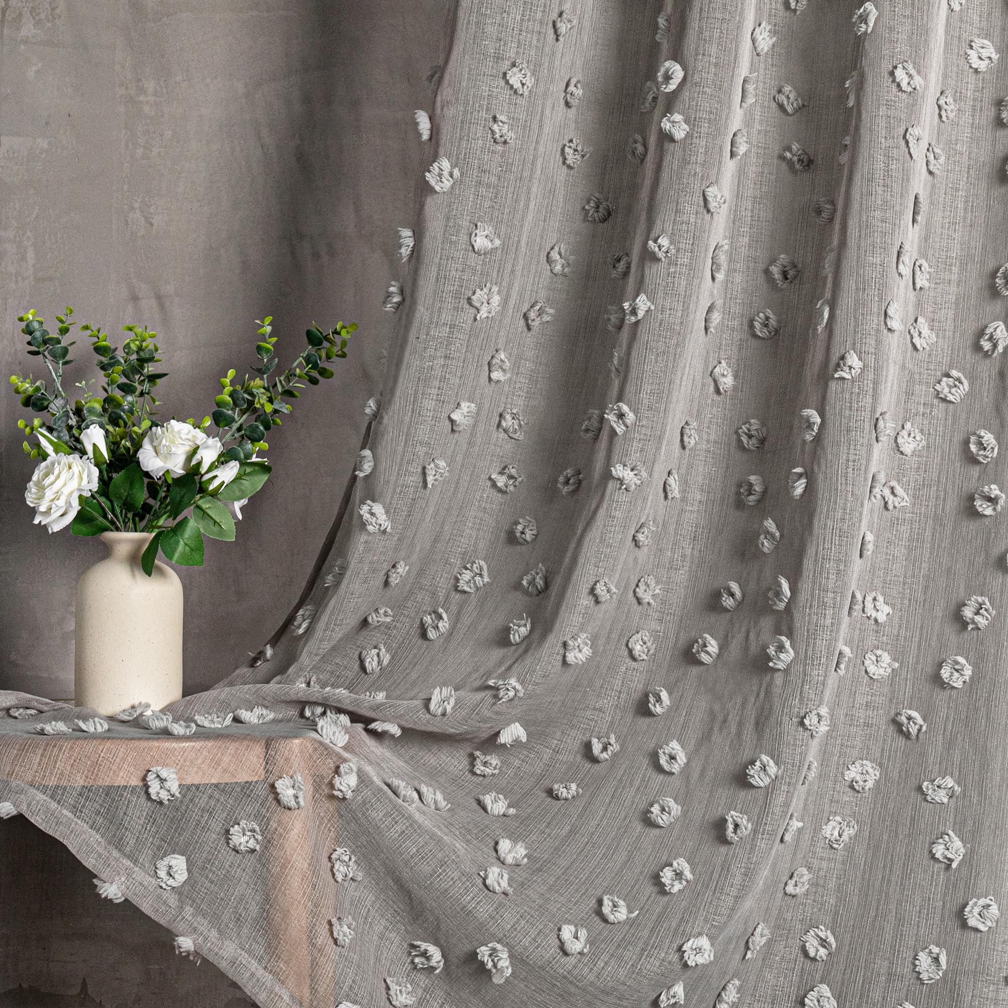 2 Panels 52"W x 84"L Dusty Rose Pom Pom Sheer Curtains Rod Pocket Light Filtering Boho Window Drapes for Girls Bedroom Nursery Kids Room