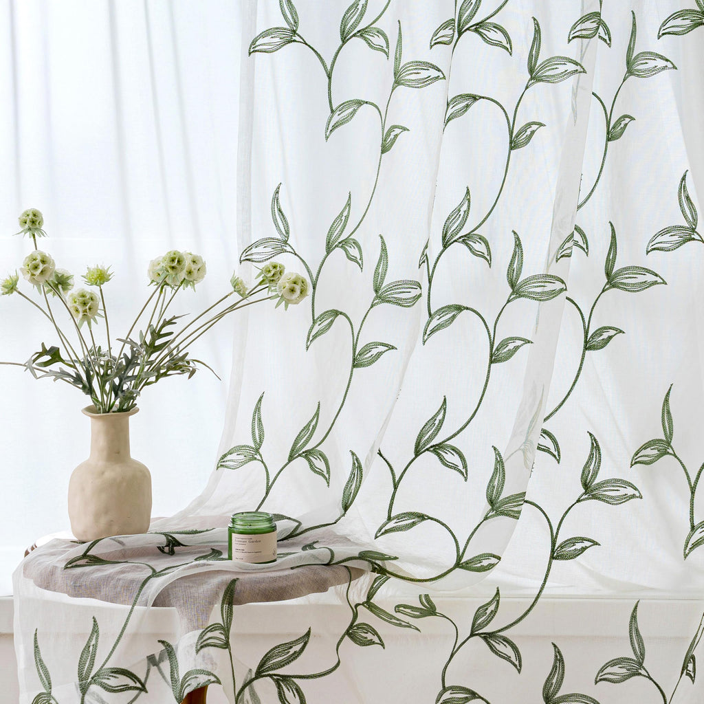 VISIONTEX 2 Panels Sheer Curtains 84 Inches Long, Cream Beige Floral Leaf Embroidered Semi Sheer Voile Curtains, Rod Pocket Light Filtering Window Drapes for Bedroom Living Room 54W x 84L
