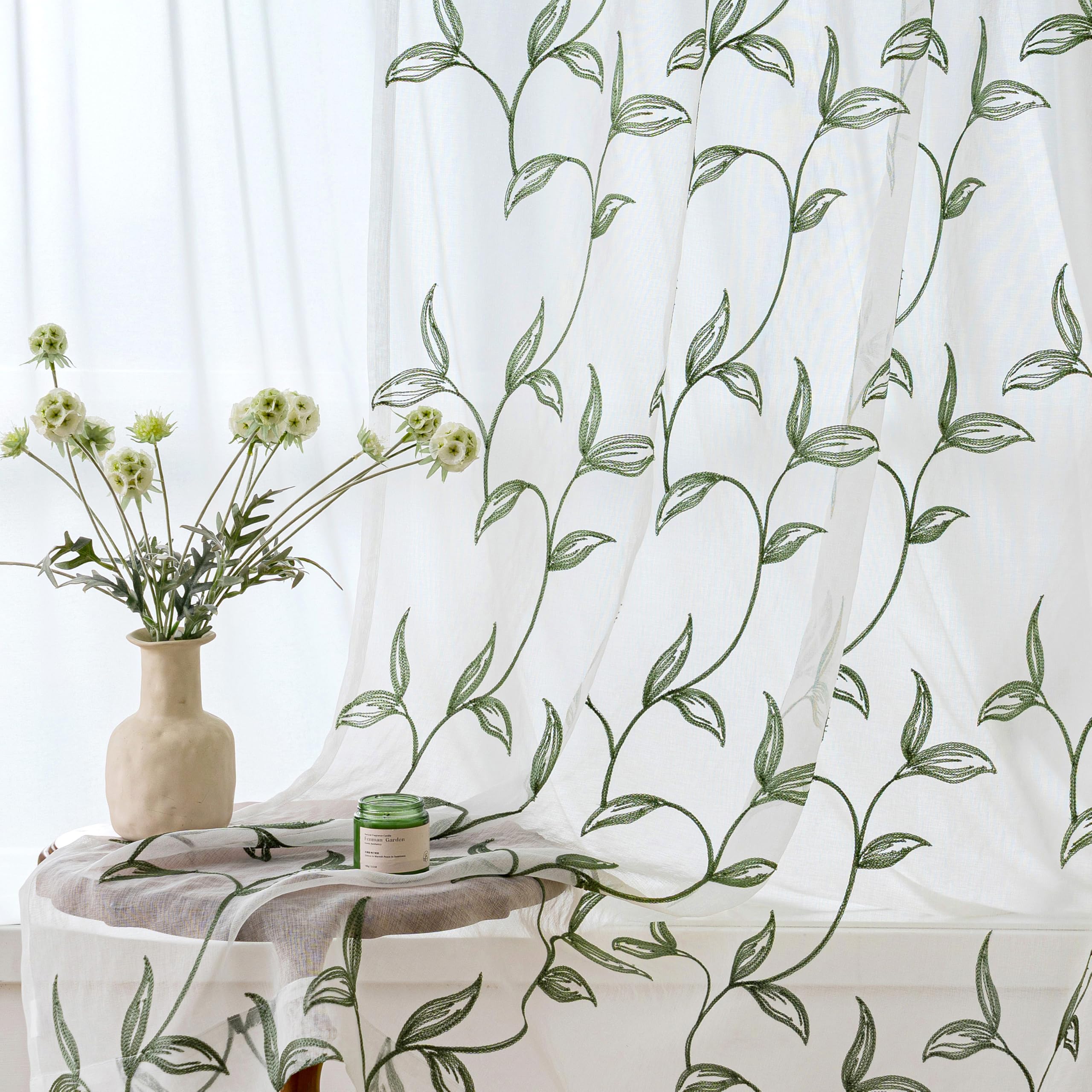 VISIONTEX 2 Panels Sheer Curtains 84 Inches Long, Cream Beige Floral Leaf Embroidered Semi Sheer Voile Curtains, Rod Pocket Light Filtering Window Drapes for Bedroom Living Room 54W x 84L