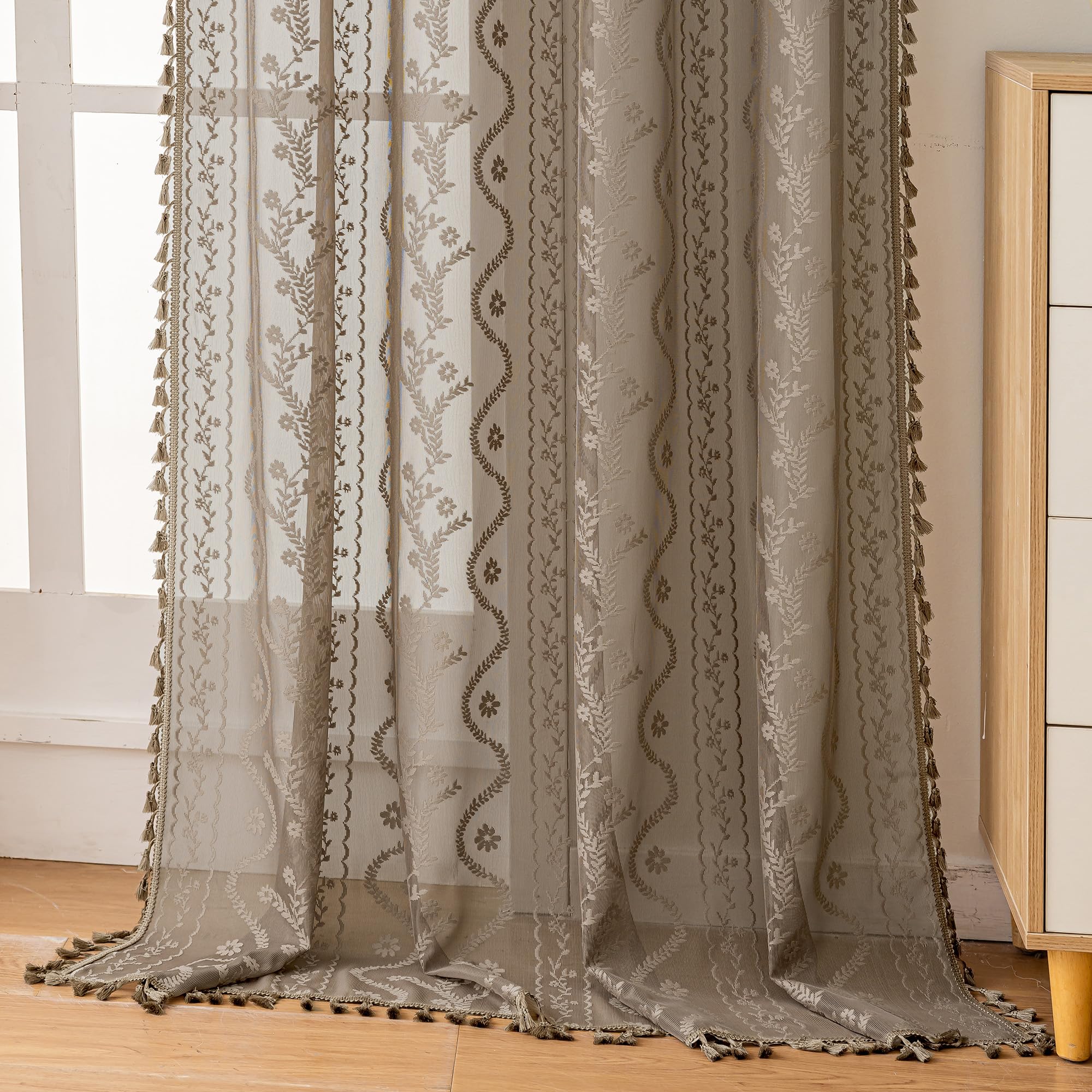 WAZZIO Boho Lace Curtains 2 Panels 84 Inches Long-Cute Vintage Victorian Sheer Panels with French Country Flower Pattern & Tassel Light Filtering Privacy for Bedroom Dining Living Room,Beige
