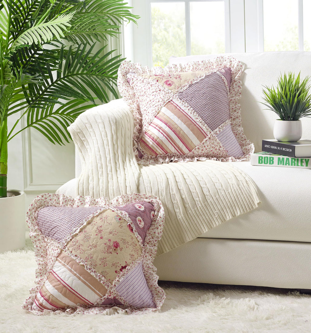 Brilliant Sunshine Pink and Green Rose Patchwork Ruffle Pillowshams, Quilted Decorative Pillow Covers Set, Square Throw Cushion Cases for Couch, Recliner, Armchair, Bed, 18x18, Pack of 2, Pink Green