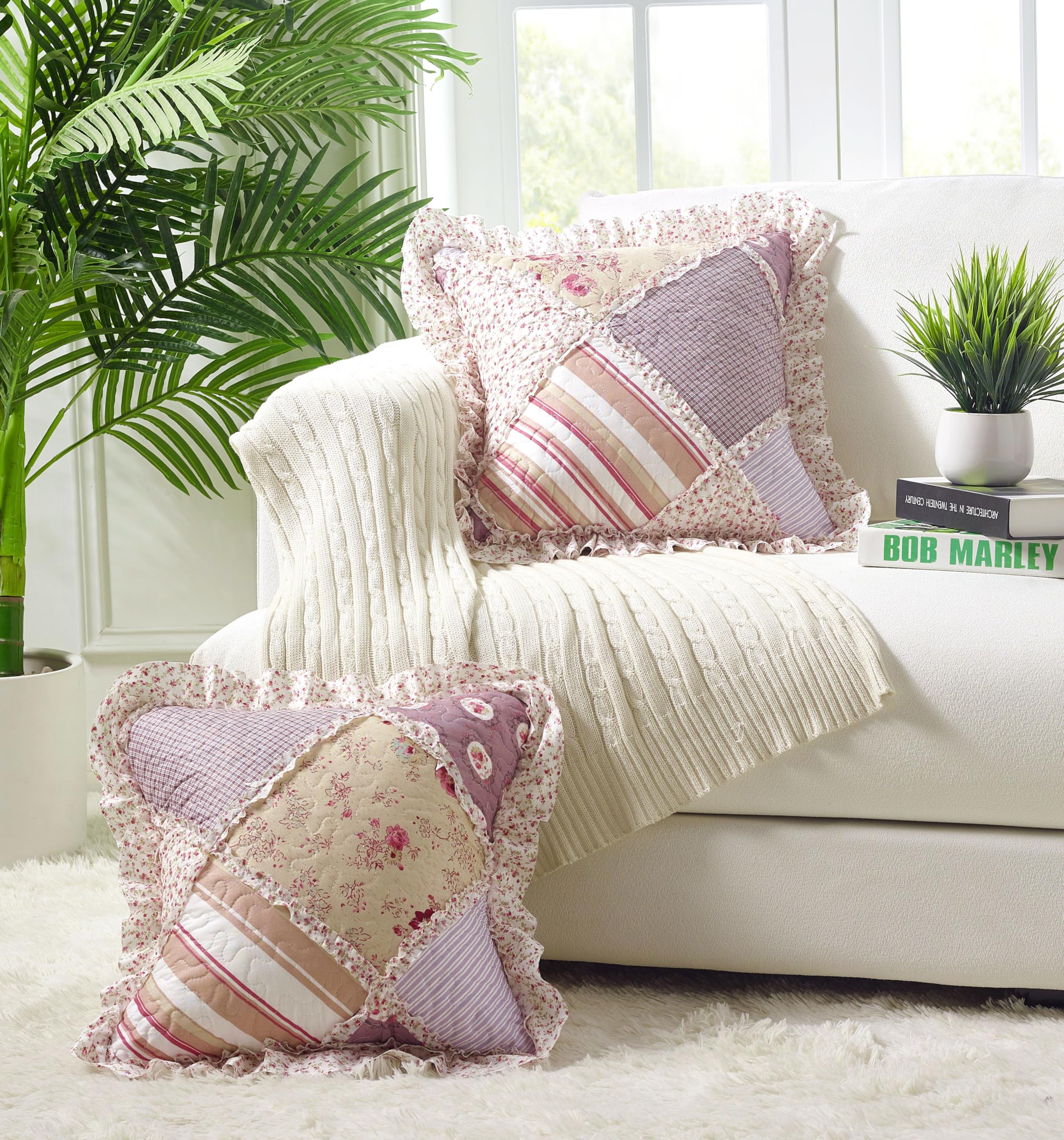 Brilliant Sunshine Pink and Green Rose Patchwork Ruffle Pillowshams, Quilted Decorative Pillow Covers Set, Square Throw Cushion Cases for Couch, Recliner, Armchair, Bed, 18x18, Pack of 2, Pink Green