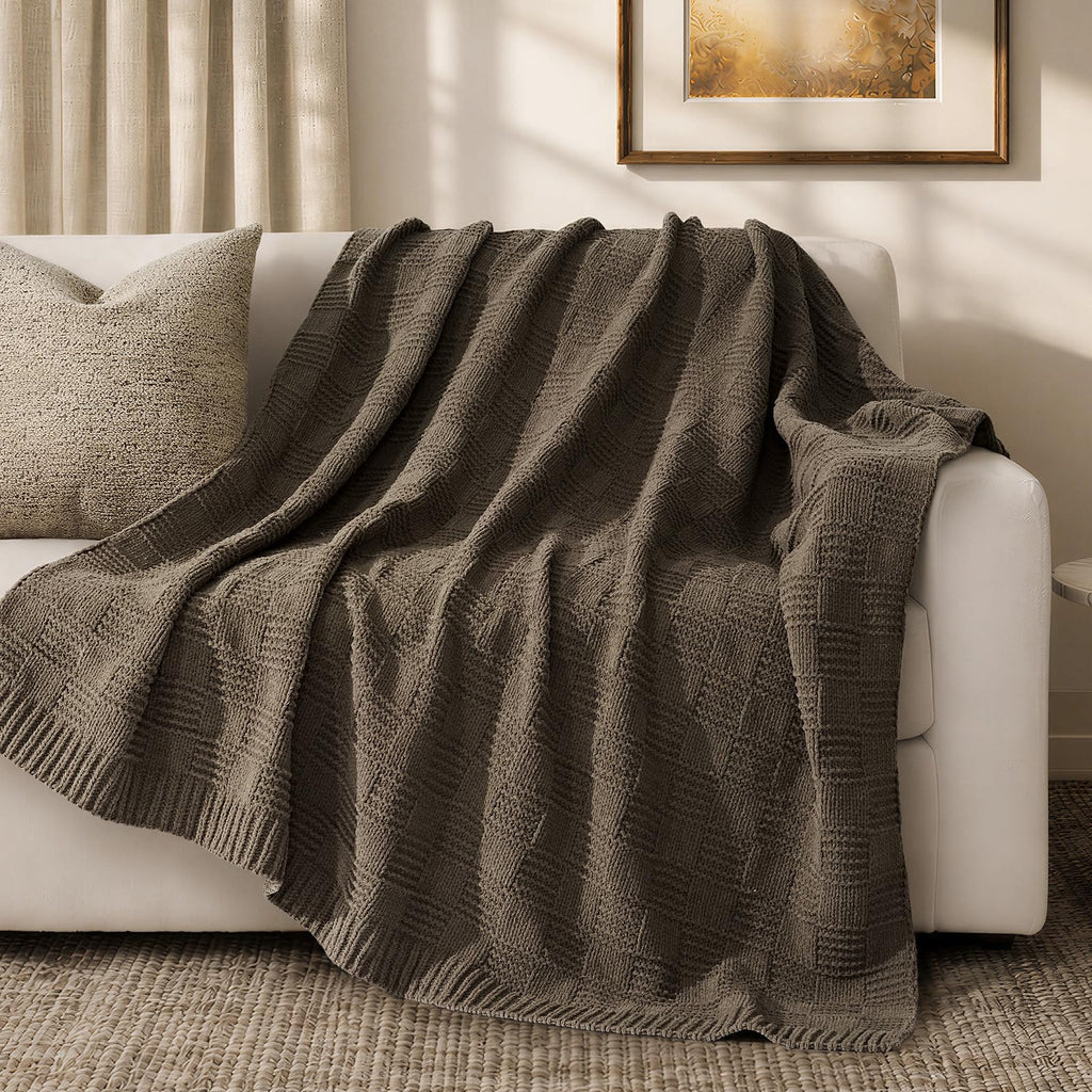 EVERGRACEHOME Chunky Chenille Knit Throw Blanket for Couch, Soft Luxurious Moss Stitch Blankets for Bed, Cozy Decorative Farmhouse Knitted Throws for Sofa, Sand Dune, 60" x 80"