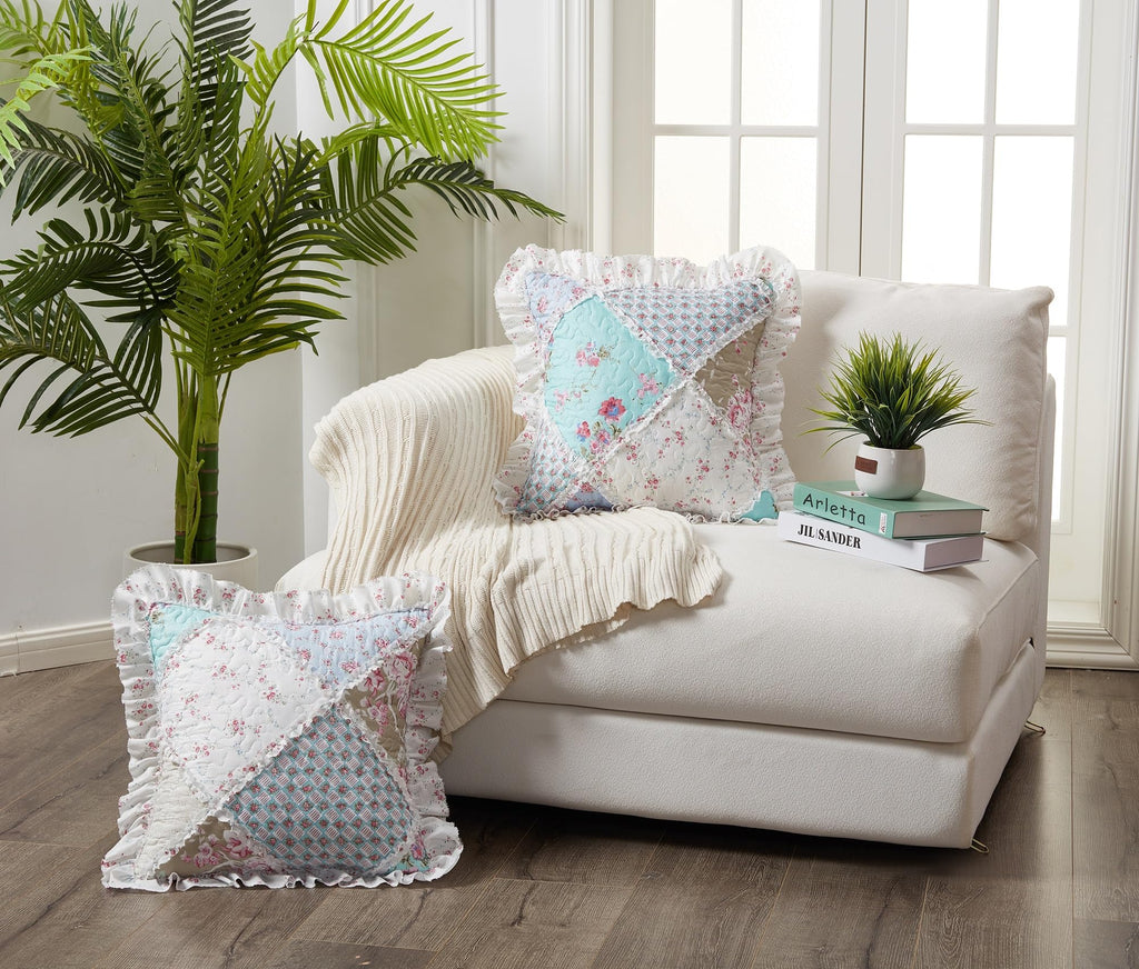 Brilliant Sunshine Pink and Green Rose Patchwork Ruffle Pillowshams, Quilted Decorative Pillow Covers Set, Square Throw Cushion Cases for Couch, Recliner, Armchair, Bed, 18x18, Pack of 2, Pink Green
