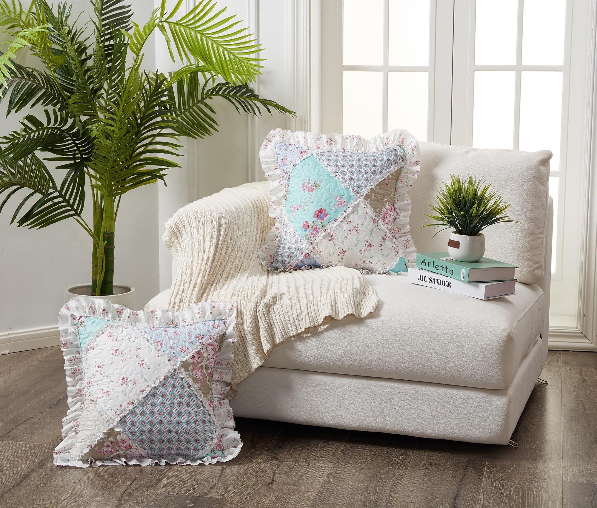 Brilliant Sunshine Pink and Green Rose Patchwork Ruffle Pillowshams, Quilted Decorative Pillow Covers Set, Square Throw Cushion Cases for Couch, Recliner, Armchair, Bed, 18x18, Pack of 2, Pink Green