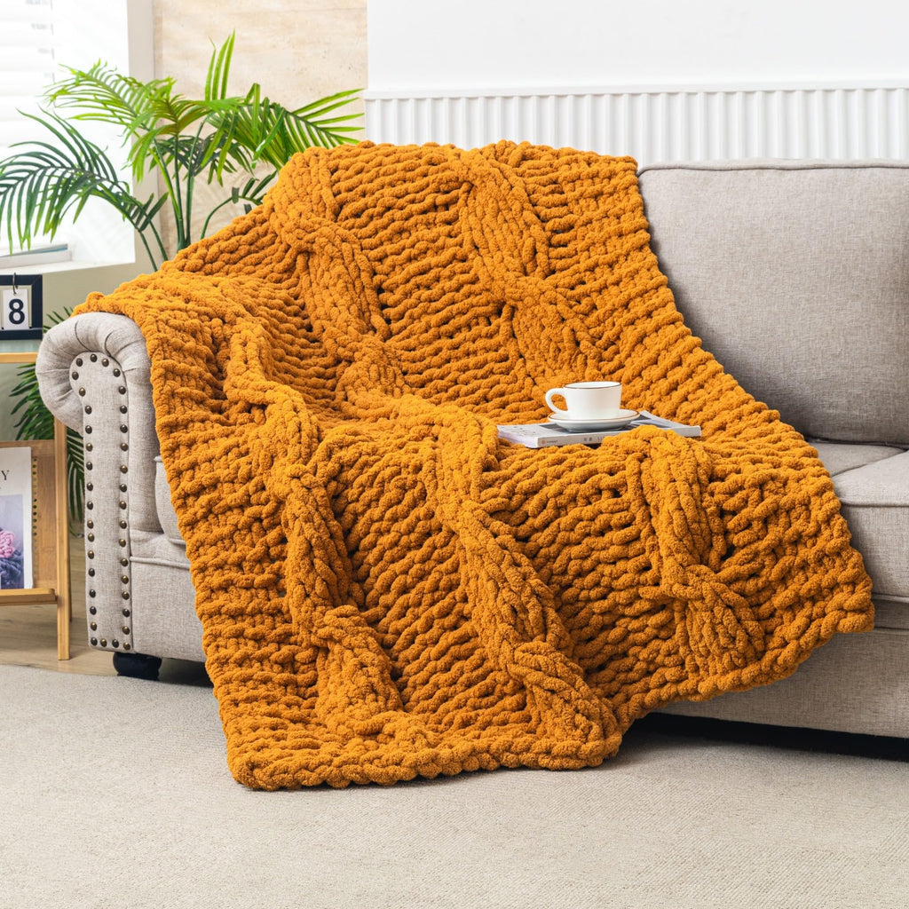 WESHIONGOO Chunky Knit Blanket Throw 40"*40" Knitted Throw Blankets for Couch Bed Fluffy Soft Blanket with Jumbo Chenille Yarn Thick 100% Handmade(Black)