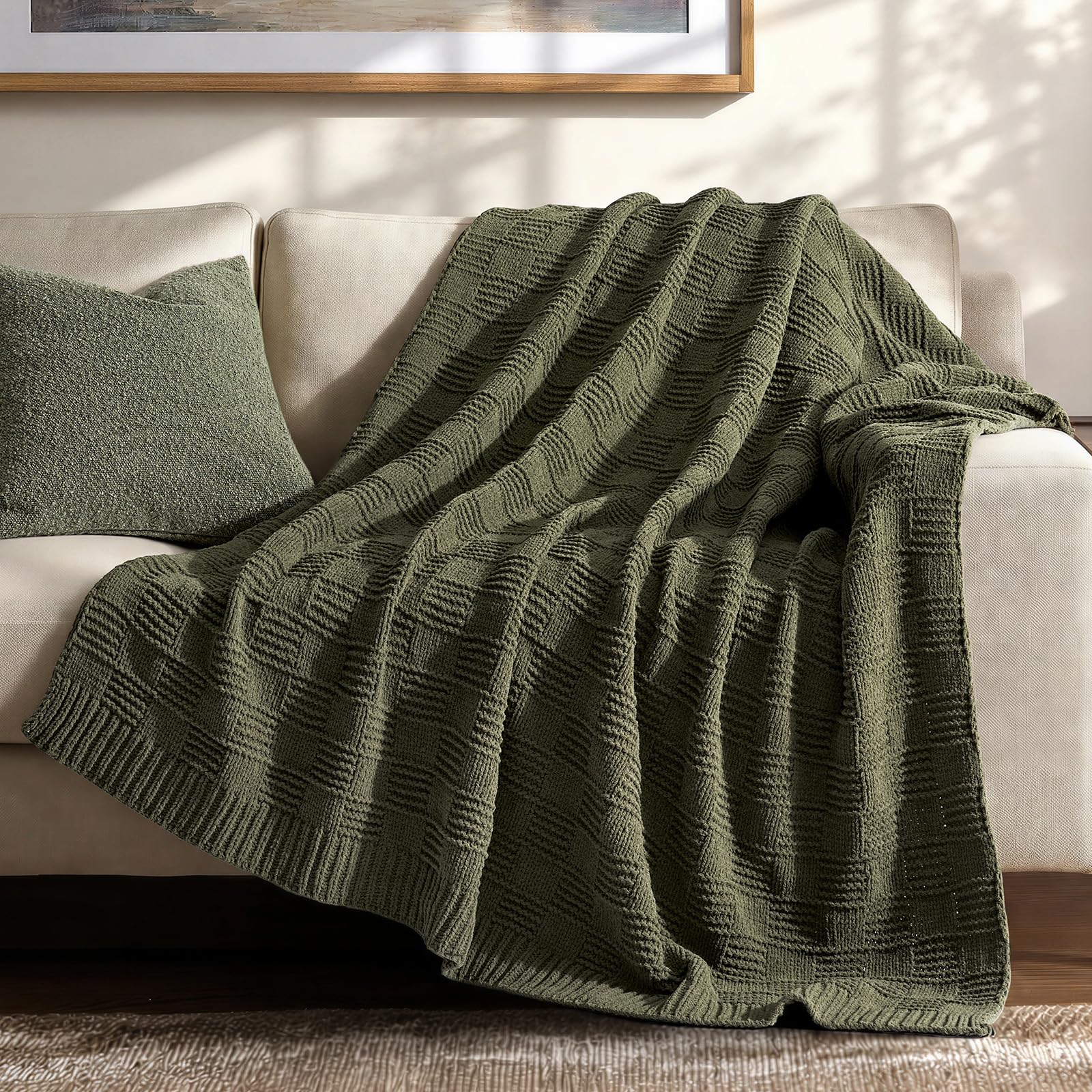 EVERGRACEHOME Chunky Chenille Knit Throw Blanket for Couch, Soft Luxurious Moss Stitch Blankets for Bed, Cozy Decorative Farmhouse Knitted Throws for Sofa, Sand Dune, 60" x 80"
