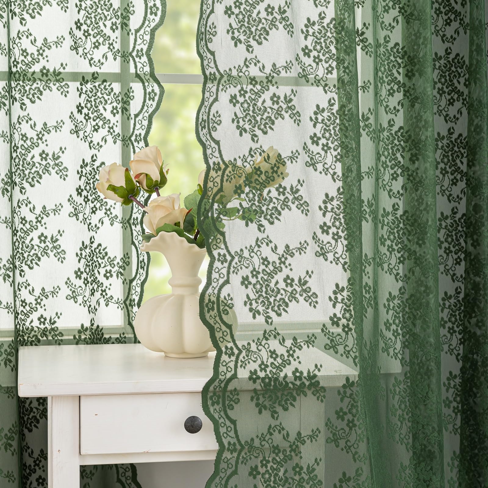 YJ YANJUN Vintage Lace Curtains 84 Inches Long-Victorian Floral Pattern Ivory Sheer Curtain Panels for Living Room Bedroom French Door, Light Filtering Drapes, 2 Panels 52W x 84L Cream
