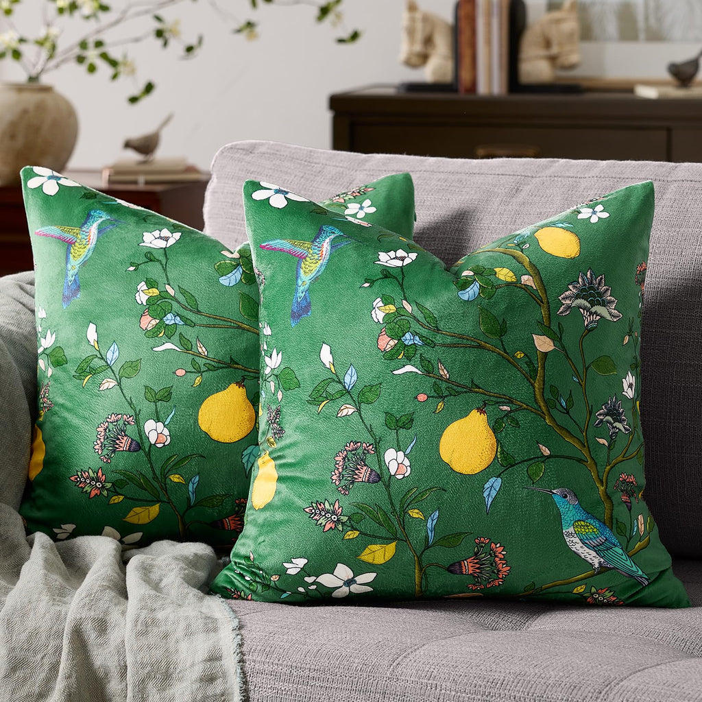 Mustard Yellow Floral Pillow Covers 18x18 Set of 2, Velvet Wild Flower Plant Throw Pillows Case, Square Farmhouse Decor Cushion Covers for Home Sofa Bed Couch