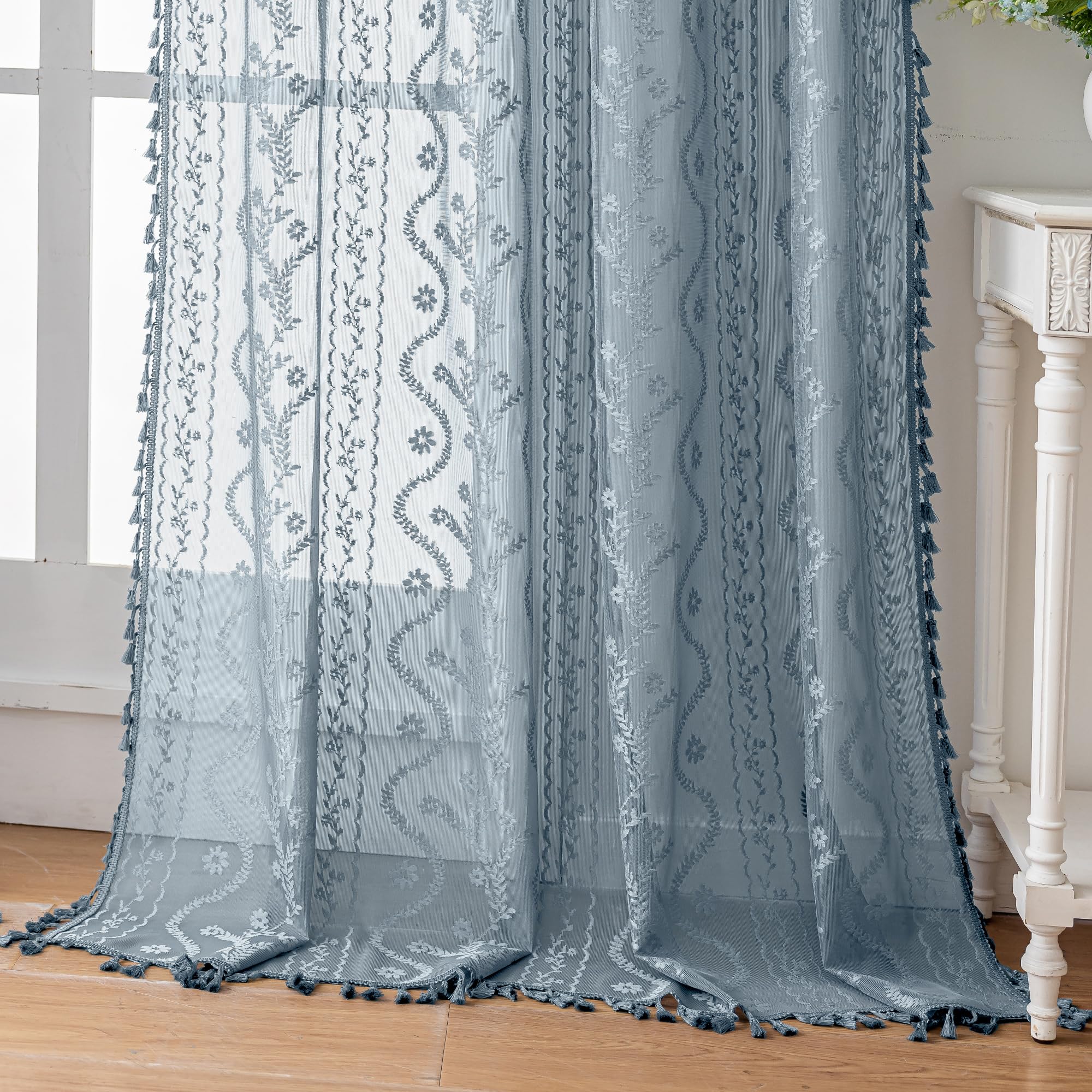 WAZZIO Boho Lace Curtains 2 Panels 84 Inches Long-Cute Vintage Victorian Sheer Panels with French Country Flower Pattern & Tassel Light Filtering Privacy for Bedroom Dining Living Room,Beige