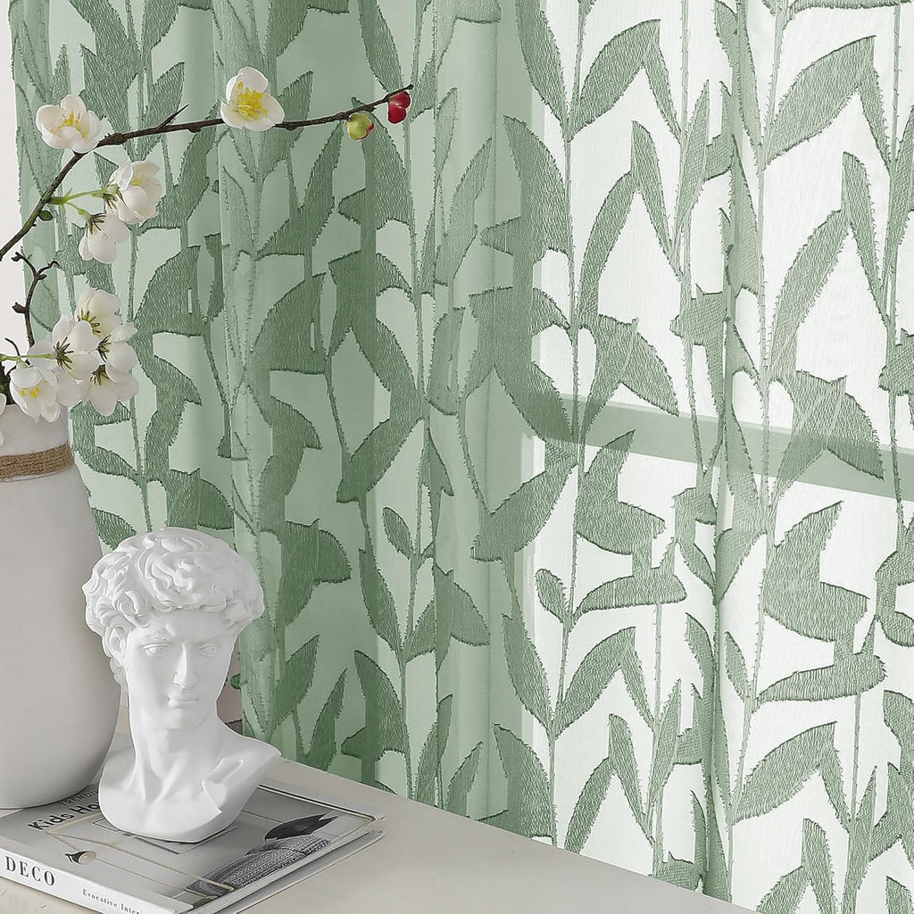 OWENIE Leyna 2 Panels Sage Green Sheer Curtains 63 Inch Length for Bedroom, Soft Lightweight Jacquard Clip Window Curtain for Living Room, Double Rod Pockets Textured Drapes, Each 40Wx63L Inches