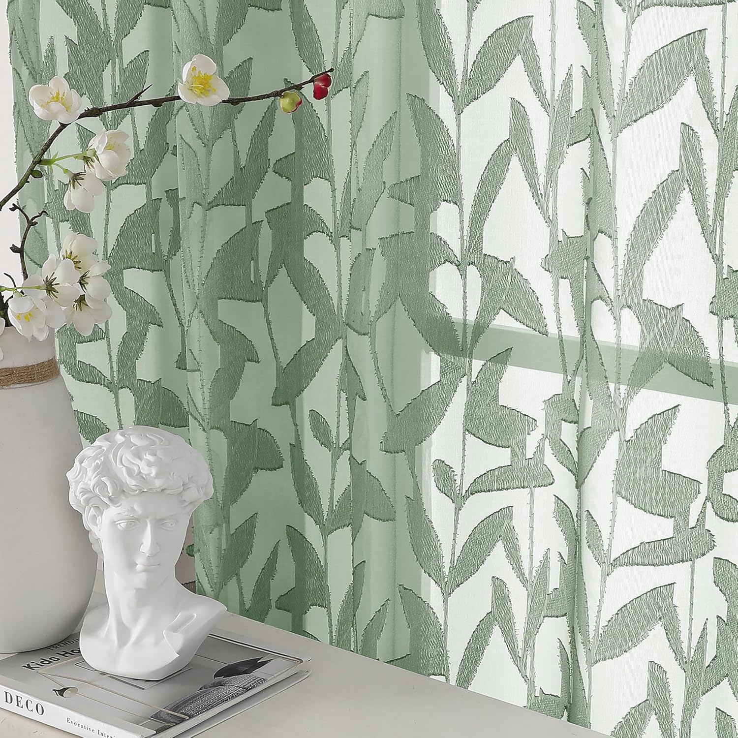 OWENIE Leyna 2 Panels Sage Green Sheer Curtains 63 Inch Length for Bedroom, Soft Lightweight Jacquard Clip Window Curtain for Living Room, Double Rod Pockets Textured Drapes, Each 40Wx63L Inches