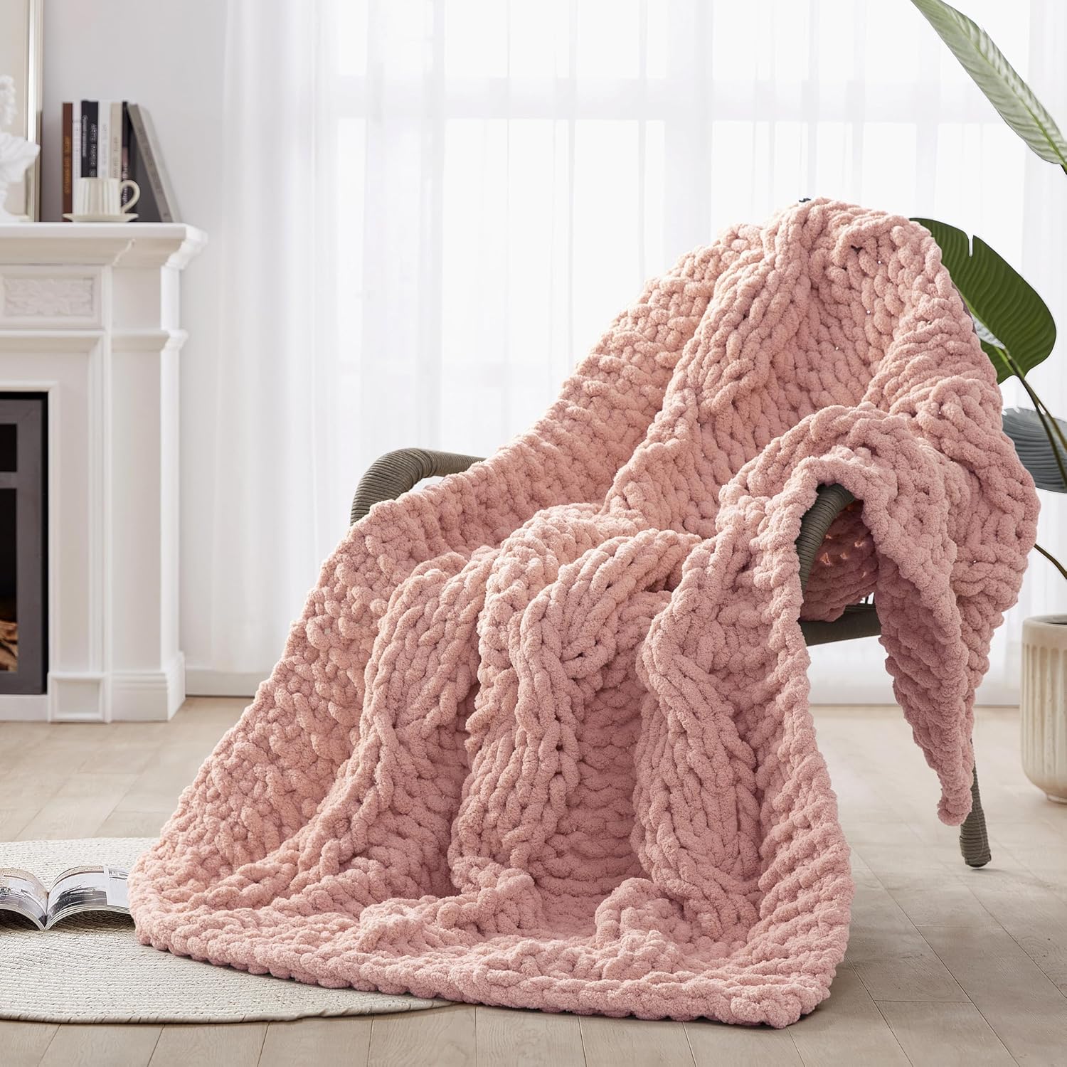 50x60 Inch Pink 100% Hand Knitted Chunky Soft Thick Warm Knit Throw Blanket for Couch Winter Use