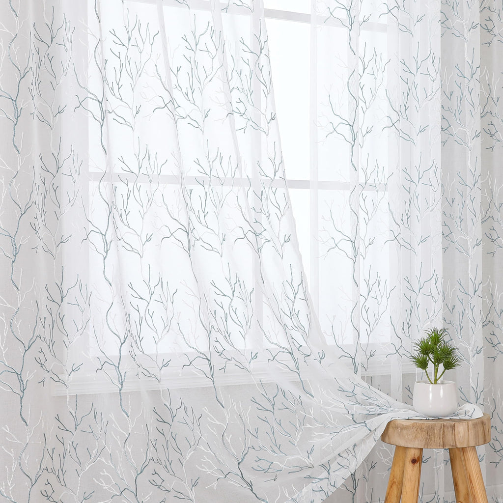 VISIONTEX 2 Panels Sheer Curtains 84 Inches Long, Cream Beige Floral Leaf Embroidered Semi Sheer Voile Curtains, Rod Pocket Light Filtering Window Drapes for Bedroom Living Room 54W x 84L