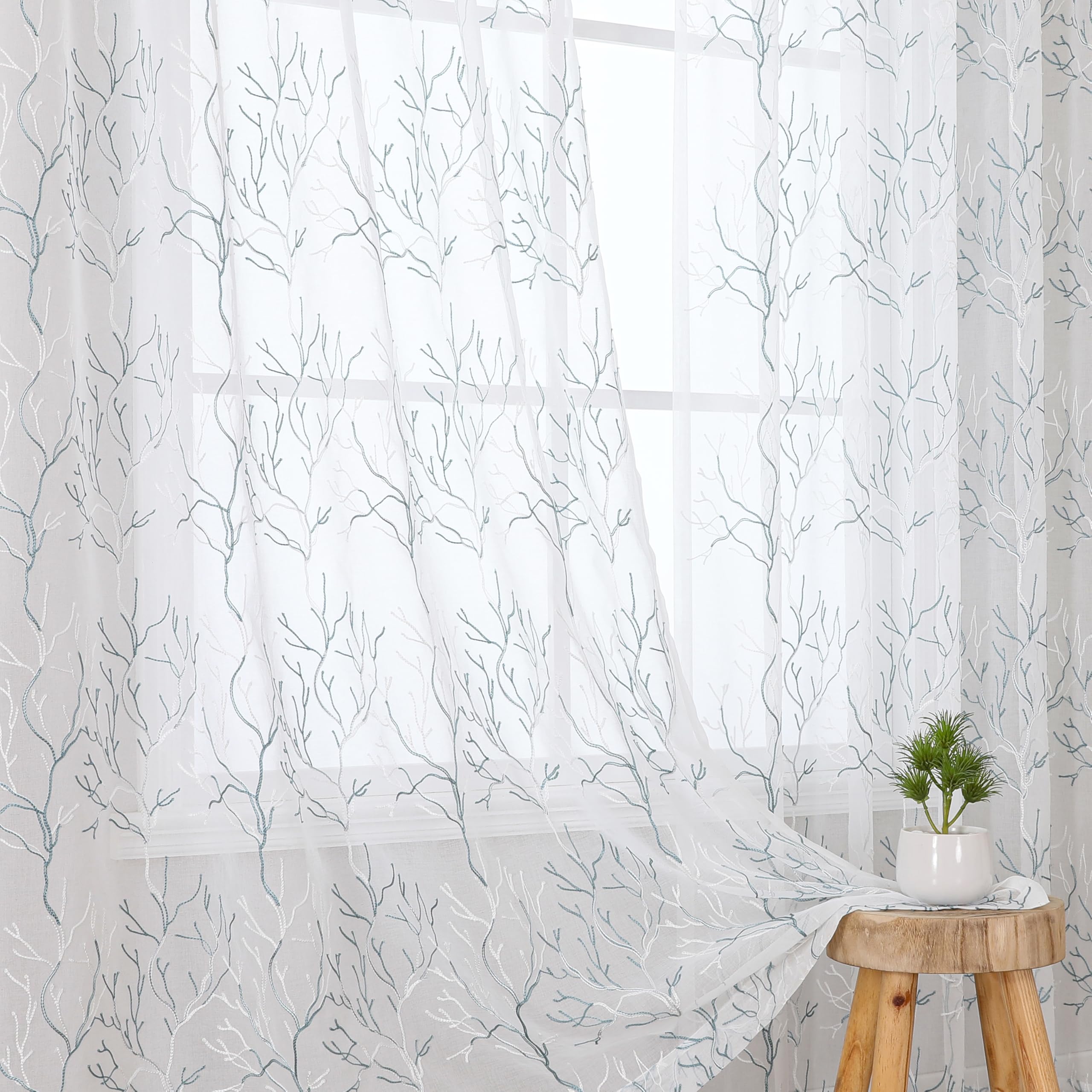 VISIONTEX 2 Panels Sheer Curtains 84 Inches Long, Cream Beige Floral Leaf Embroidered Semi Sheer Voile Curtains, Rod Pocket Light Filtering Window Drapes for Bedroom Living Room 54W x 84L